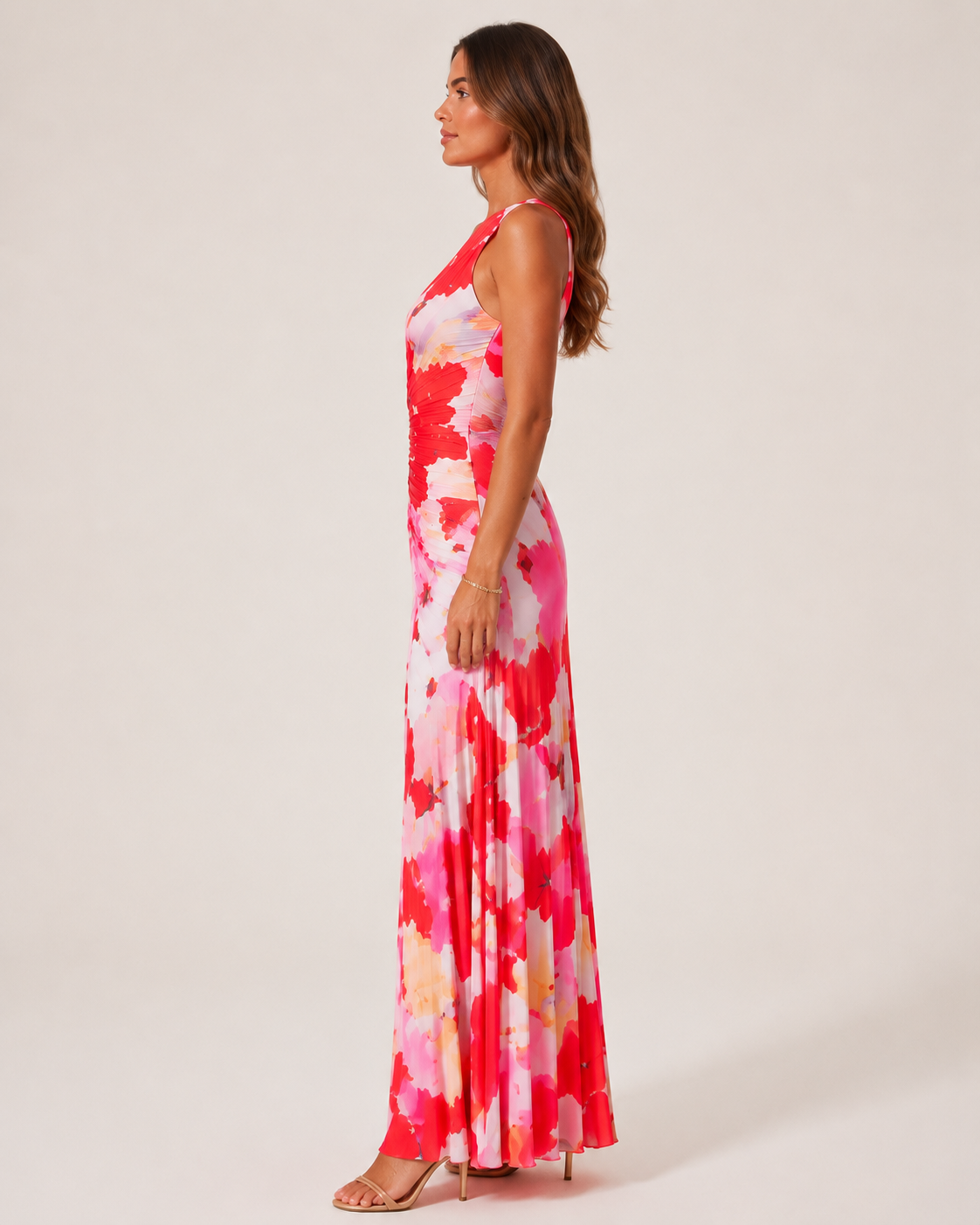 Luciana - Rode Bloemen Maxi-jurk met Eén-schouder Halslijn