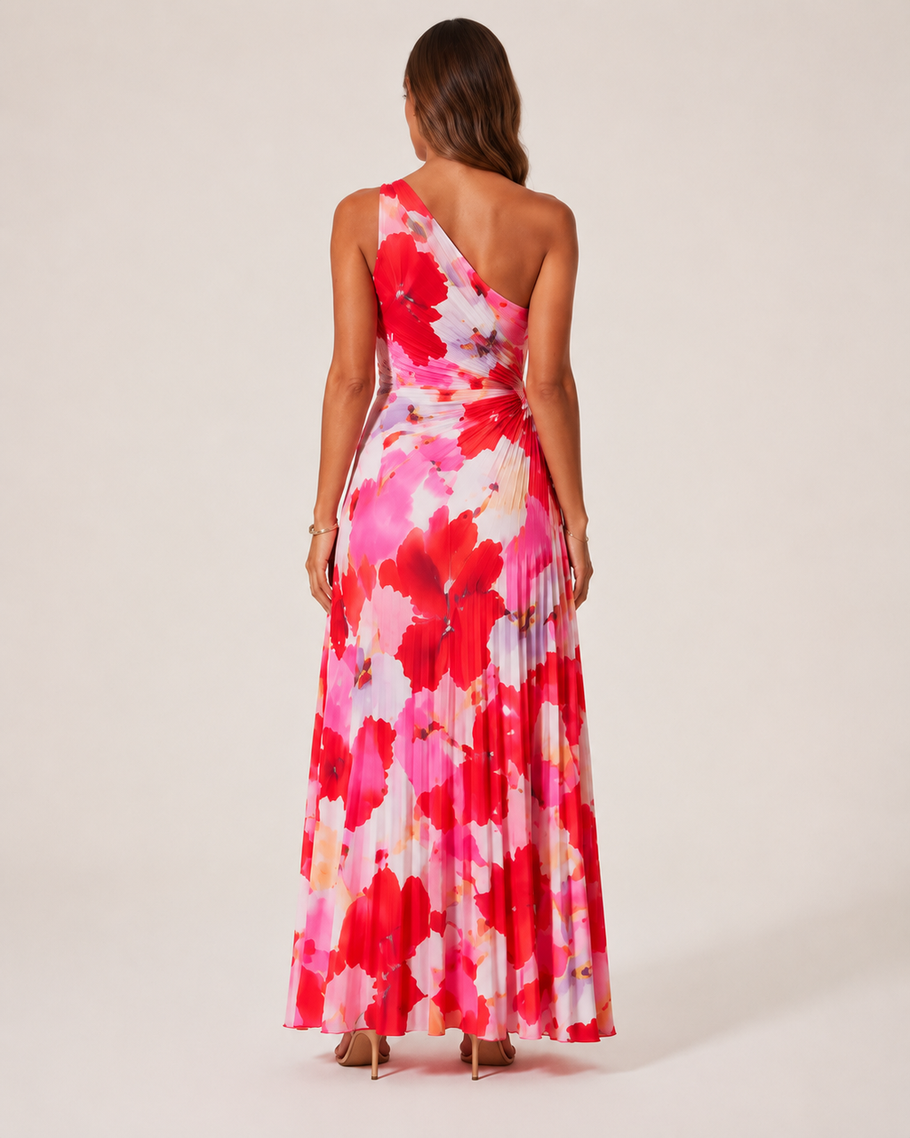Luciana - Rode Bloemen Maxi-jurk met Eén-schouder Halslijn