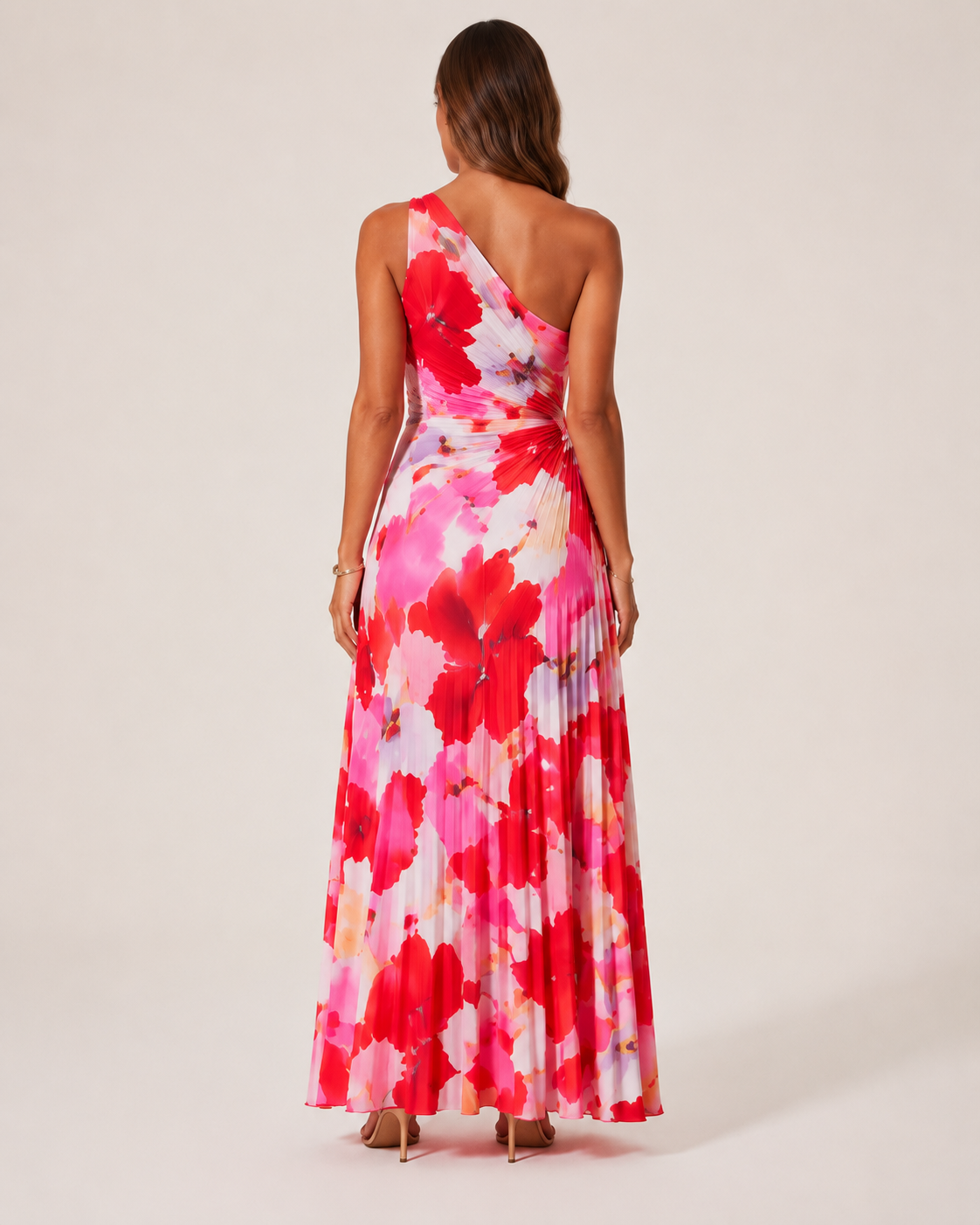 Luciana - Rode Bloemen Maxi-jurk met Eén-schouder Halslijn
