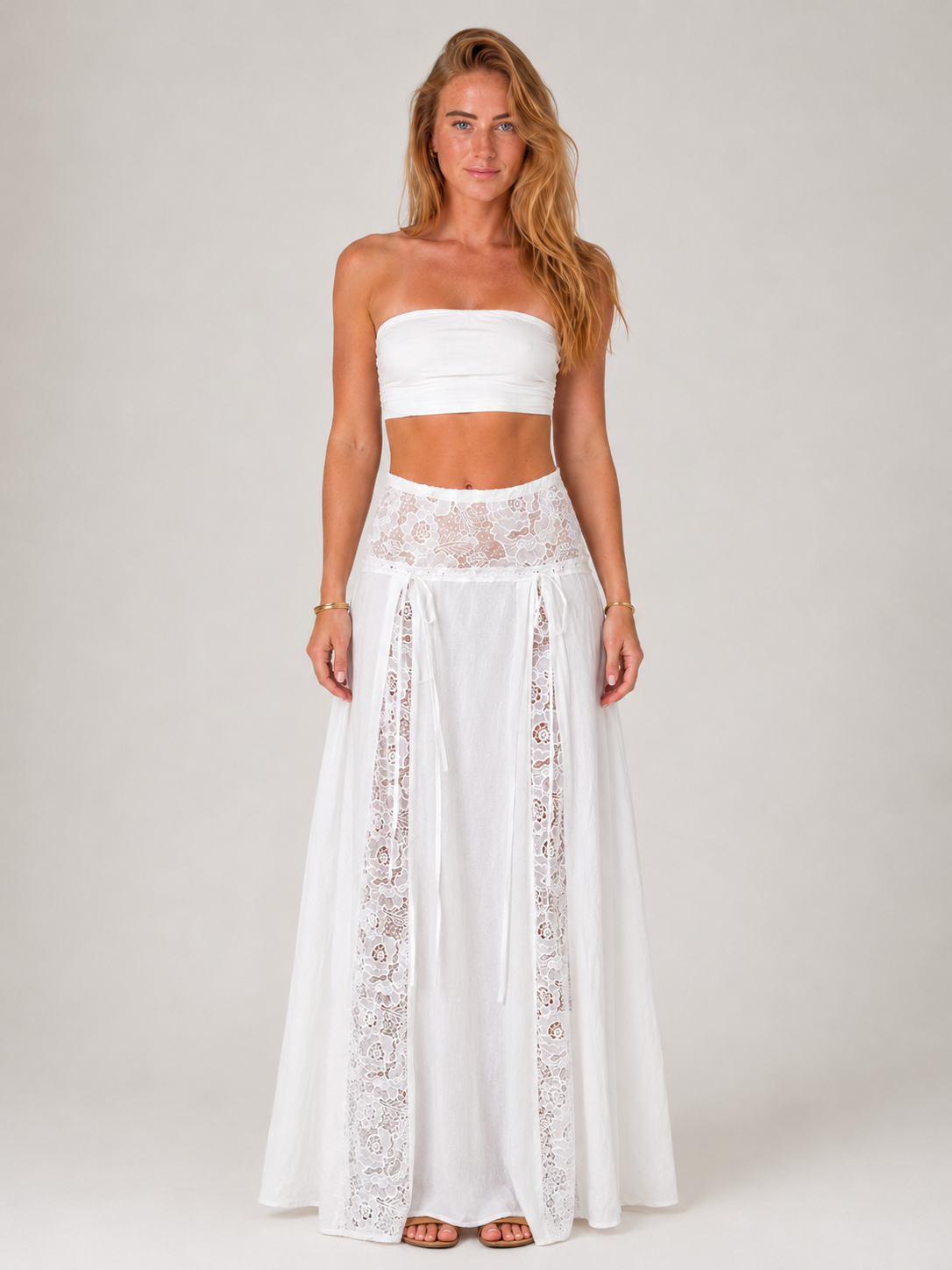 Prunella - Witte Dames Maxi-rok Met Lage Taille En Kant