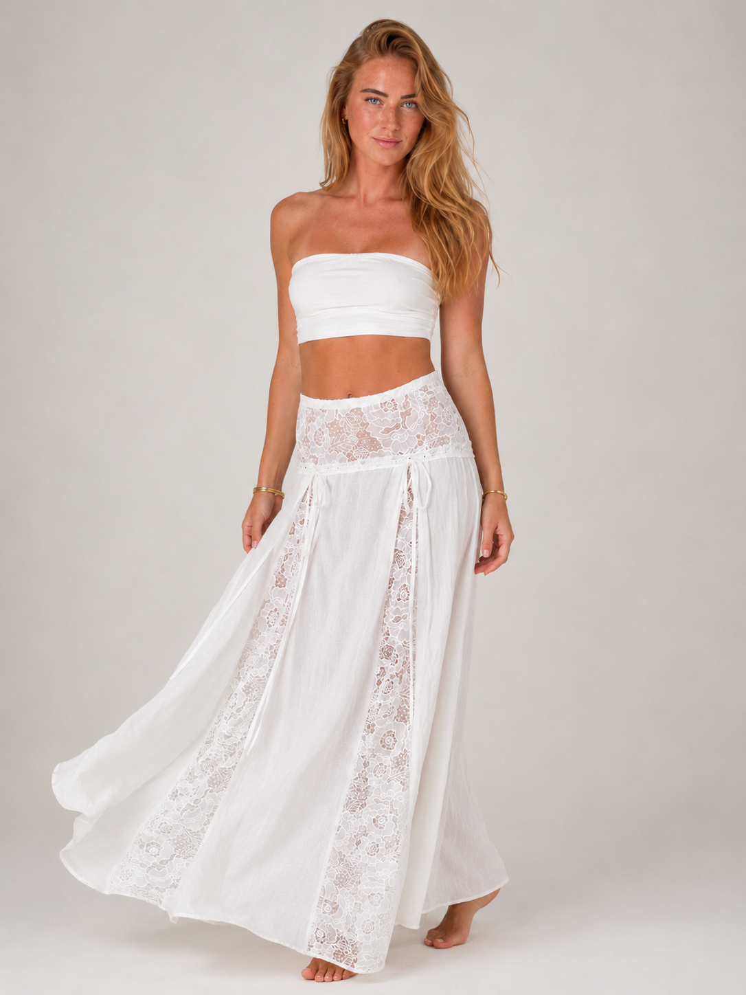 Prunella - Witte Dames Maxi-rok Met Lage Taille En Kant