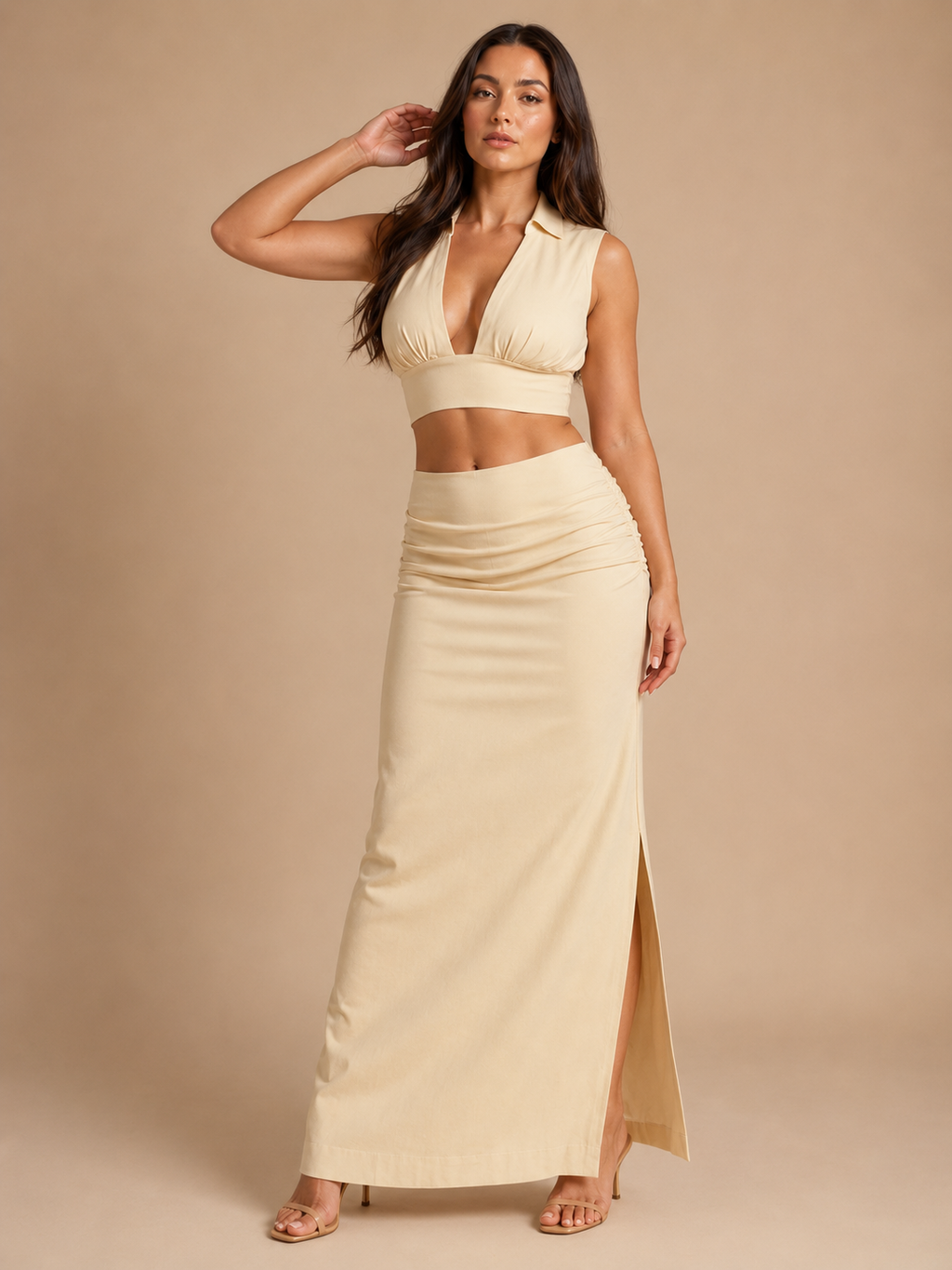 Prisca - Beige Dames Tweedelige Set Met Soepelvallende Pasvorm