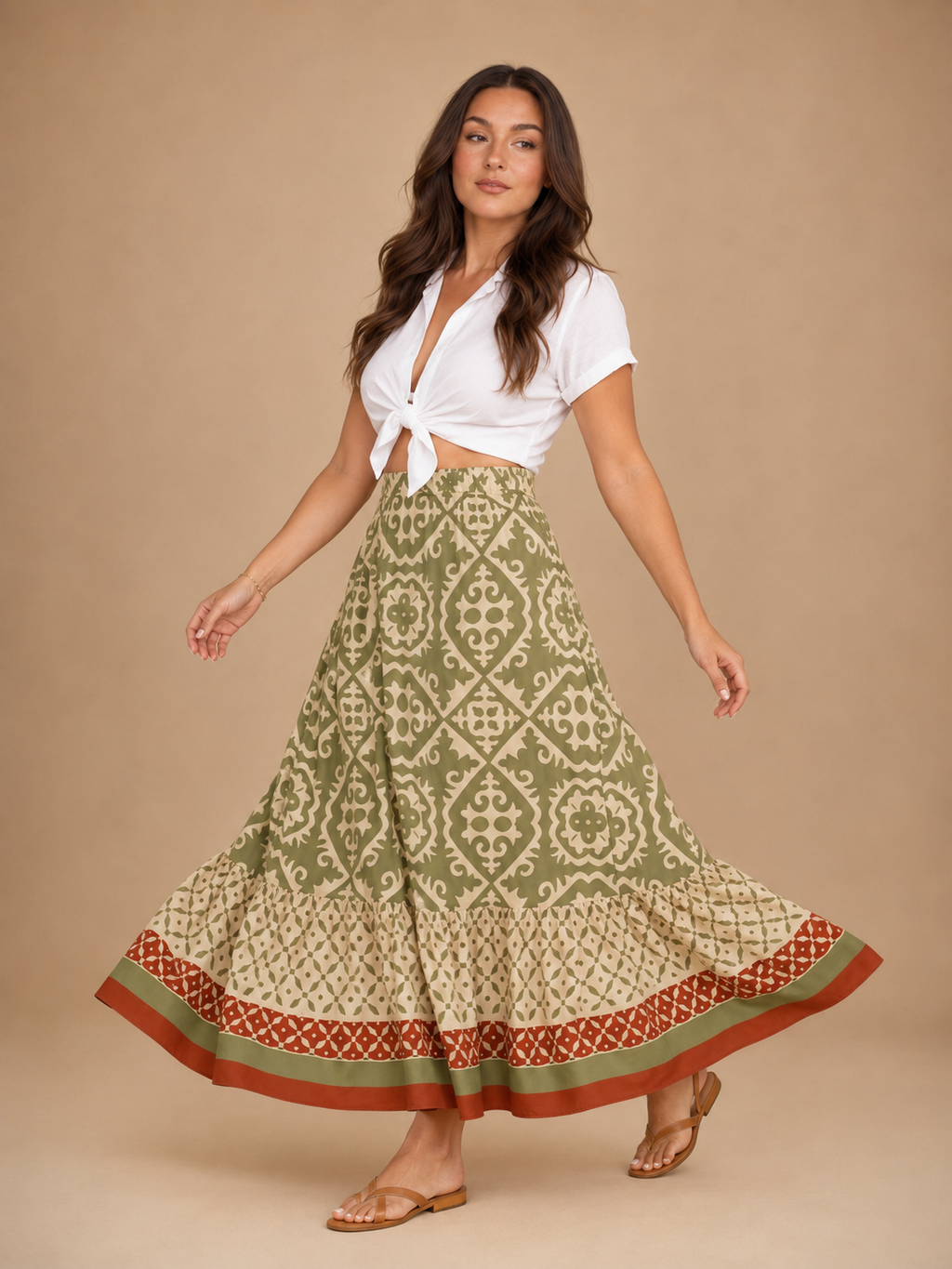 Pomeline - Meerkleurige Dames Maxi-rok Met Mediterrane Print