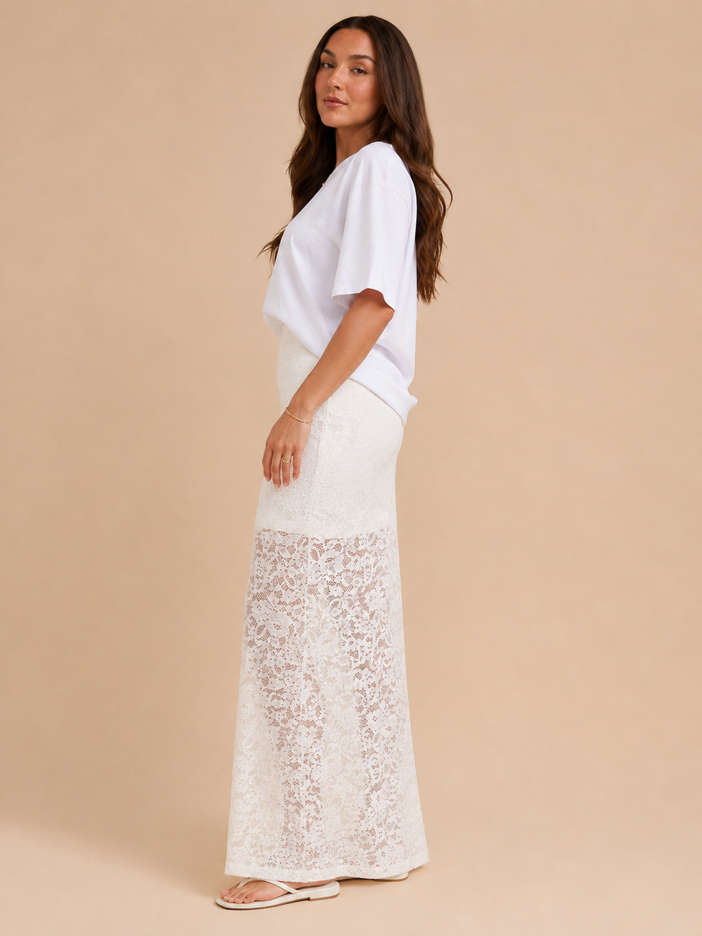 Perline - Beige Dames Kanten Maxi-rok Met Semi-transparante Afwerking