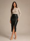 Prudence - Dames Leren Look Plissé Rok Met Hoge Split