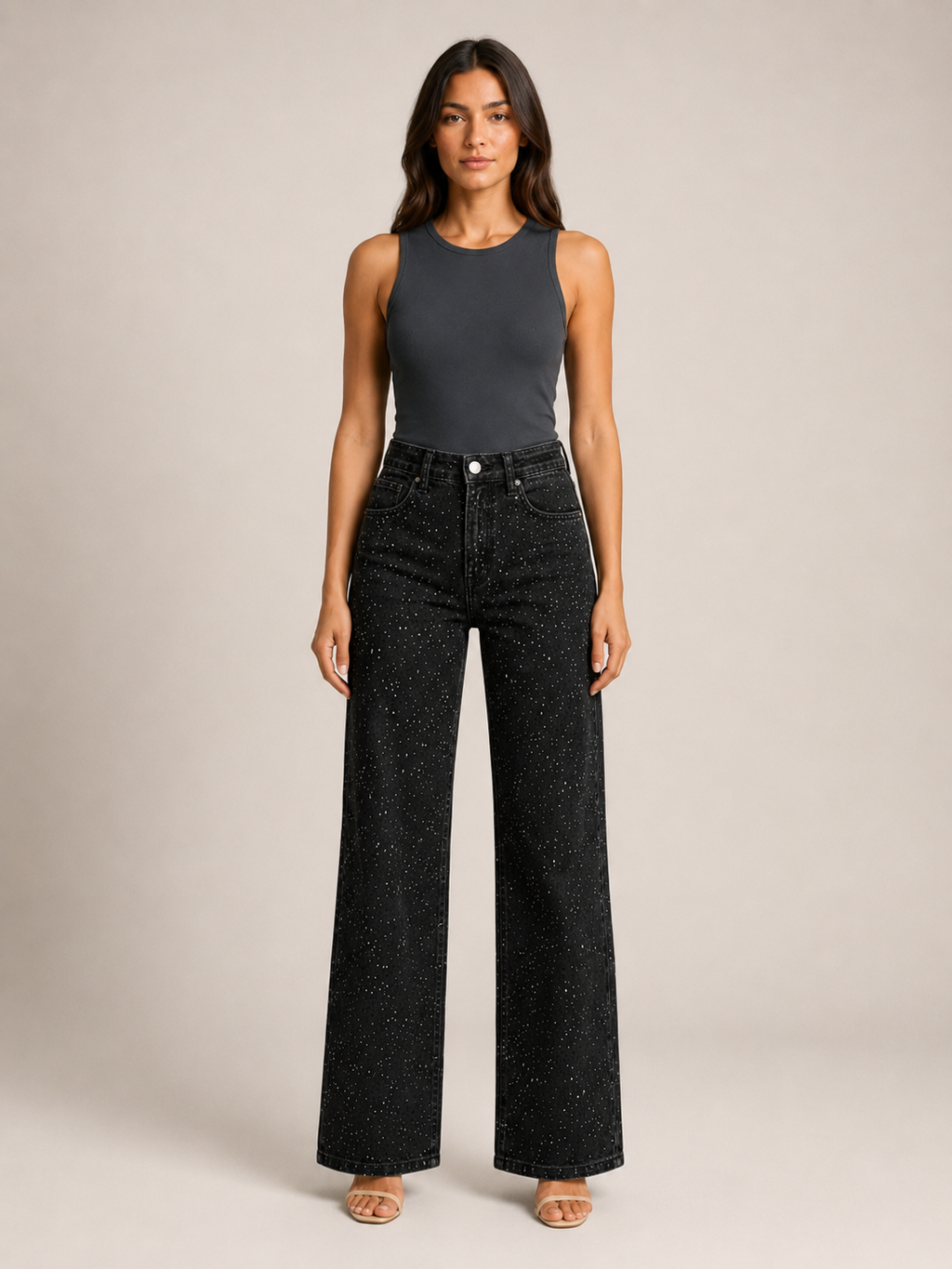 Pernia - Dames high-waist jeans met rechte pijpen en glitterdetails