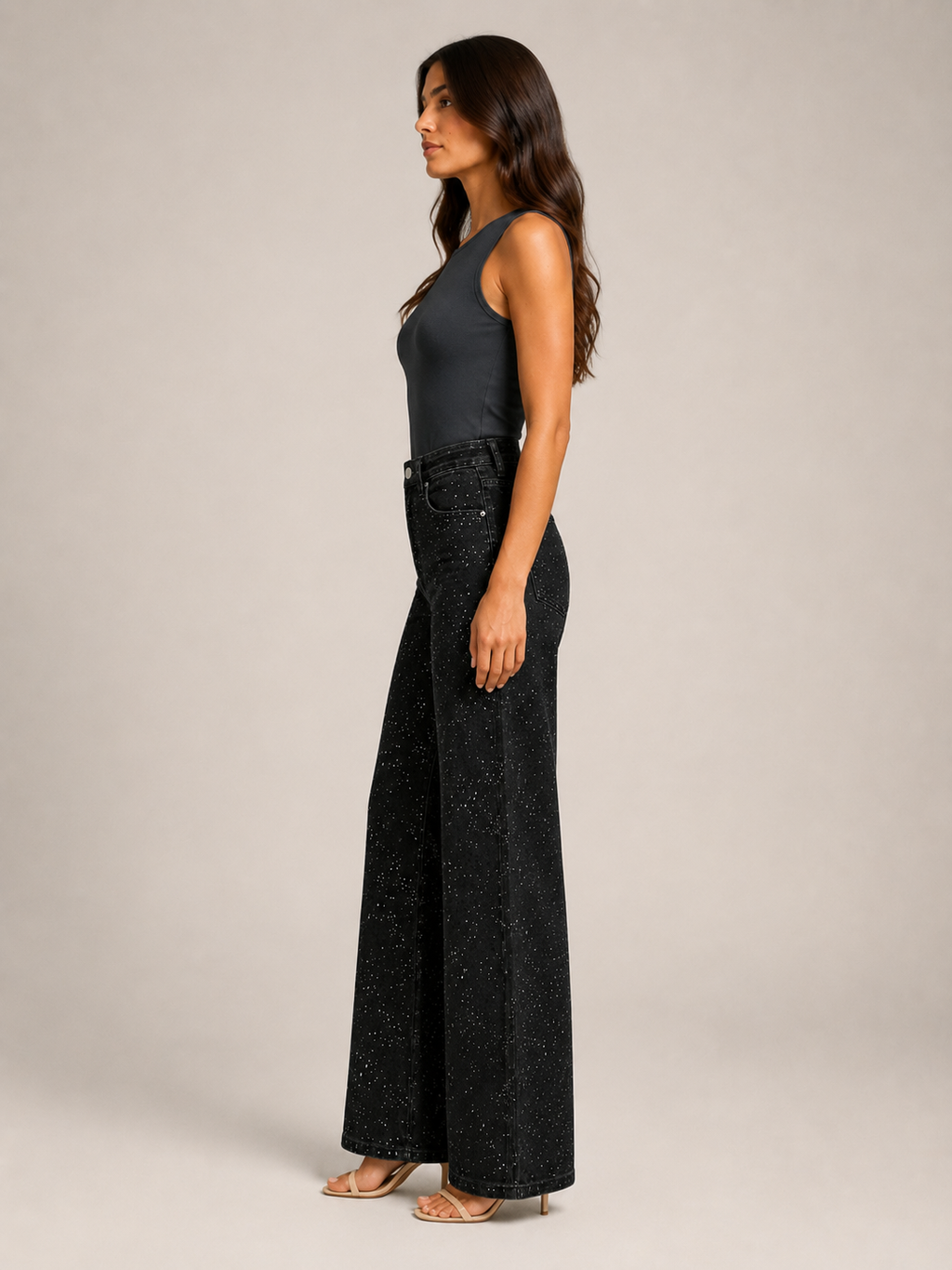 Pernia - Dames high-waist jeans met rechte pijpen en glitterdetails
