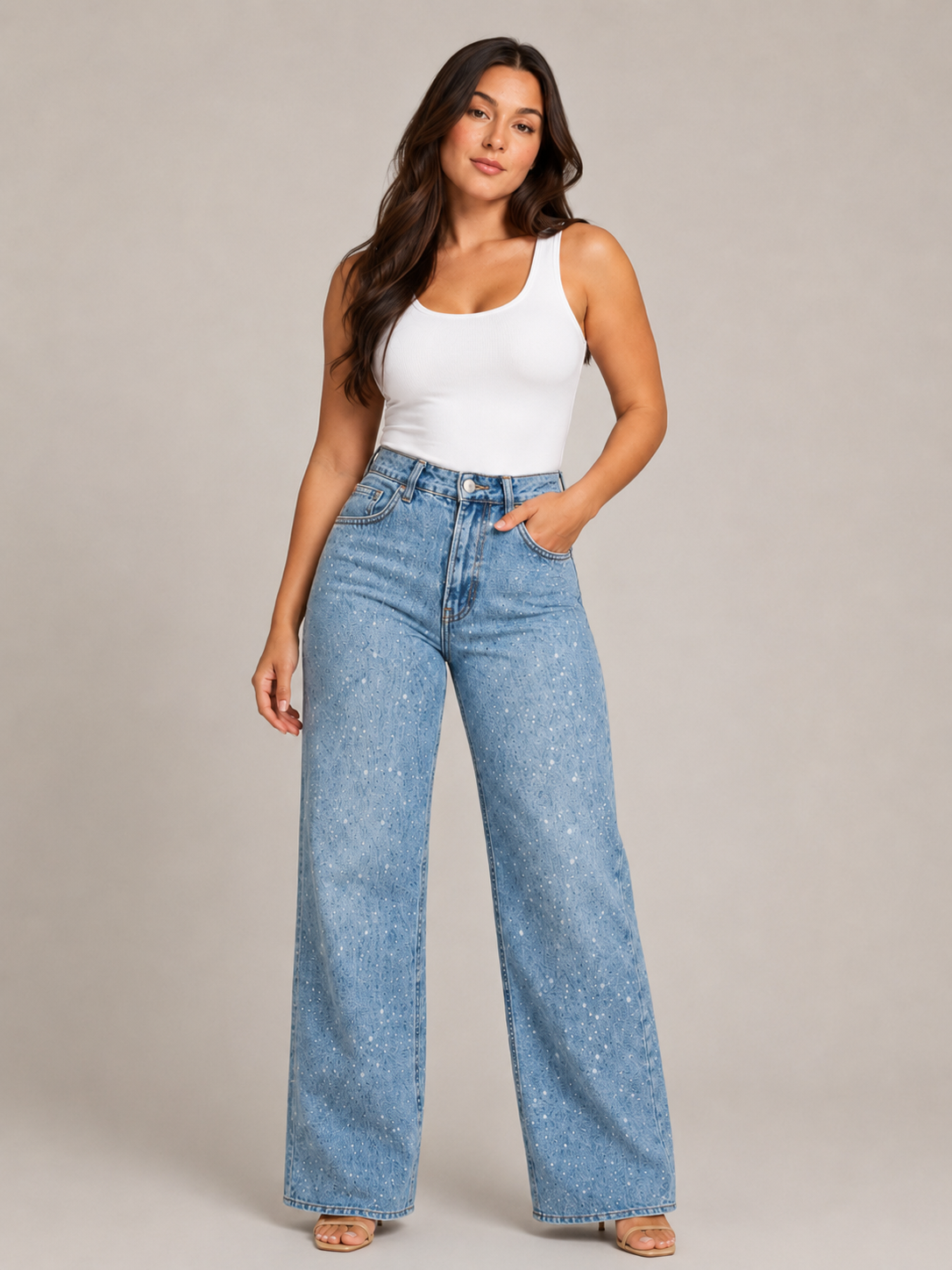 Pernia - Dames high-waist jeans met rechte pijpen en glitterdetails