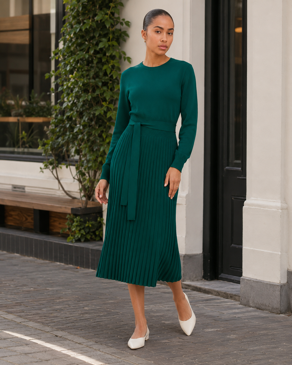 Marit - Midi-jurk met Lange Mouwen en Plooirok