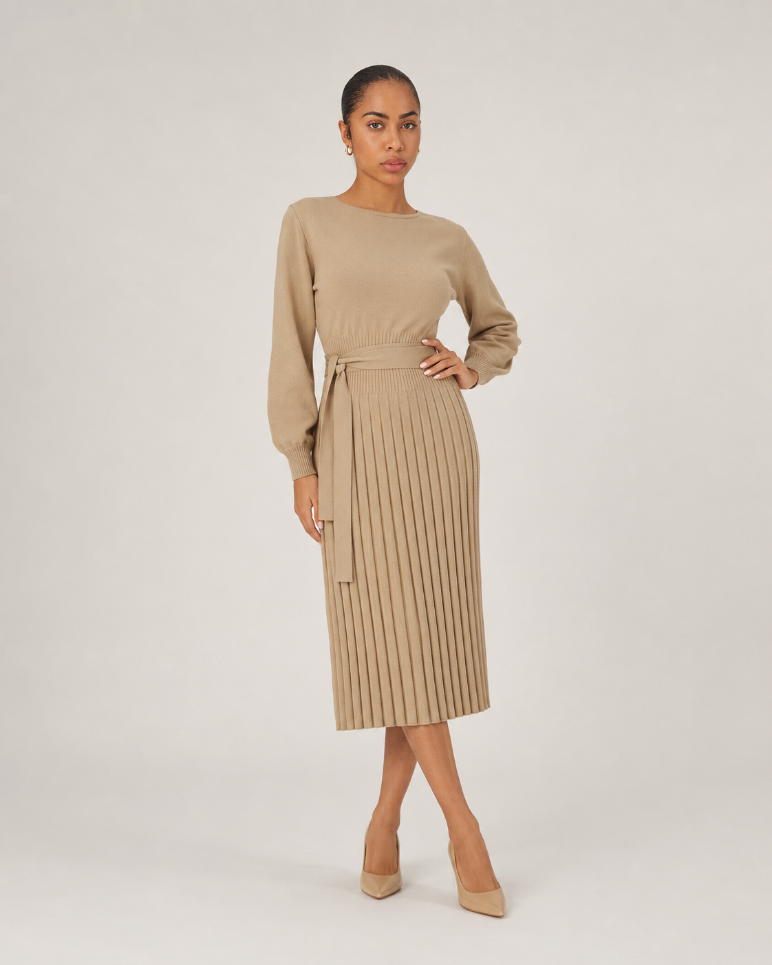 Marit - Midi-jurk met Lange Mouwen en Plooirok