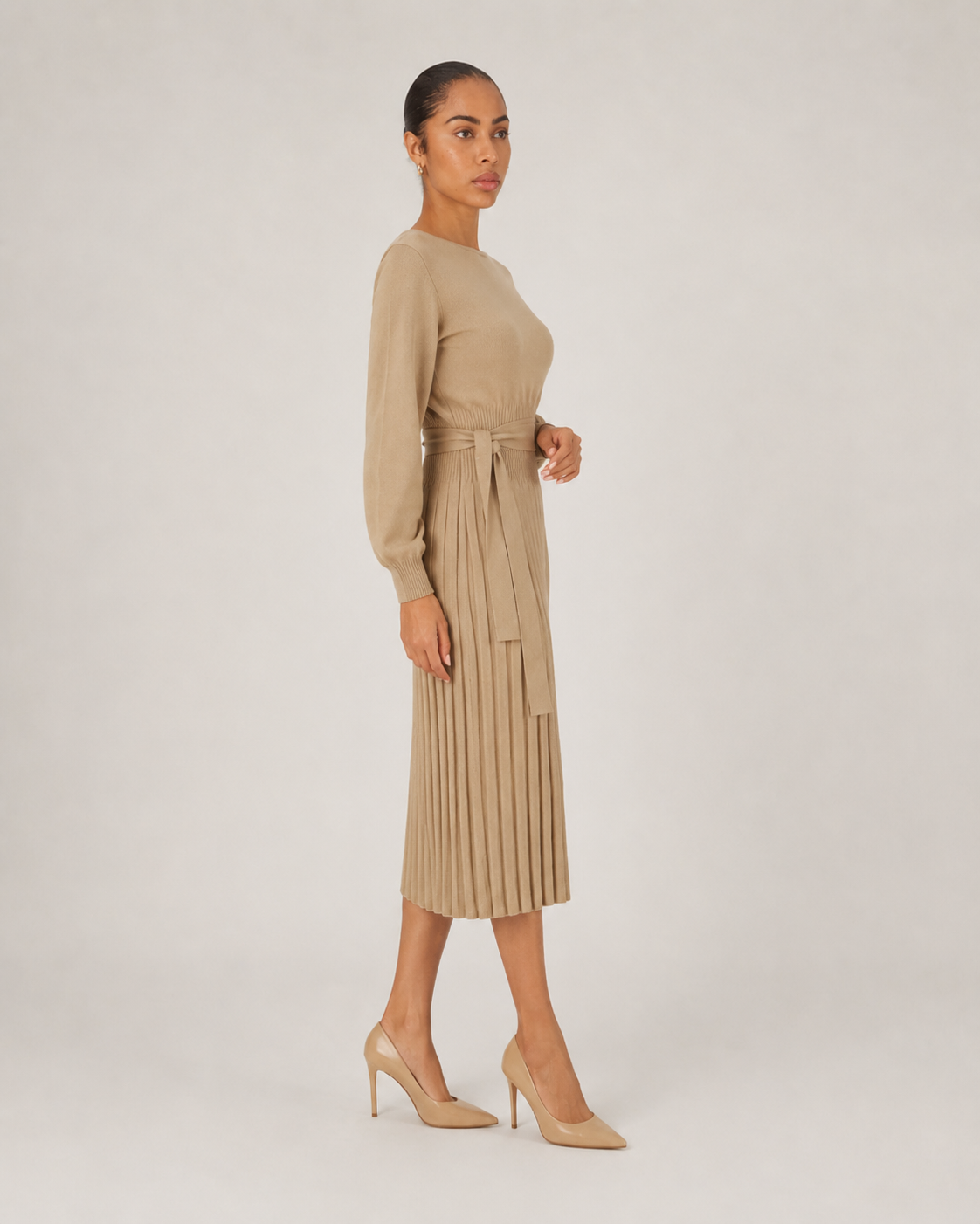 Marit - Midi-jurk met Lange Mouwen en Plooirok
