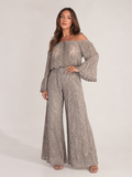 Malou - Off-shoulder Kanten Jumpsuit Met Wijde Pijpen En Lange Mouwen