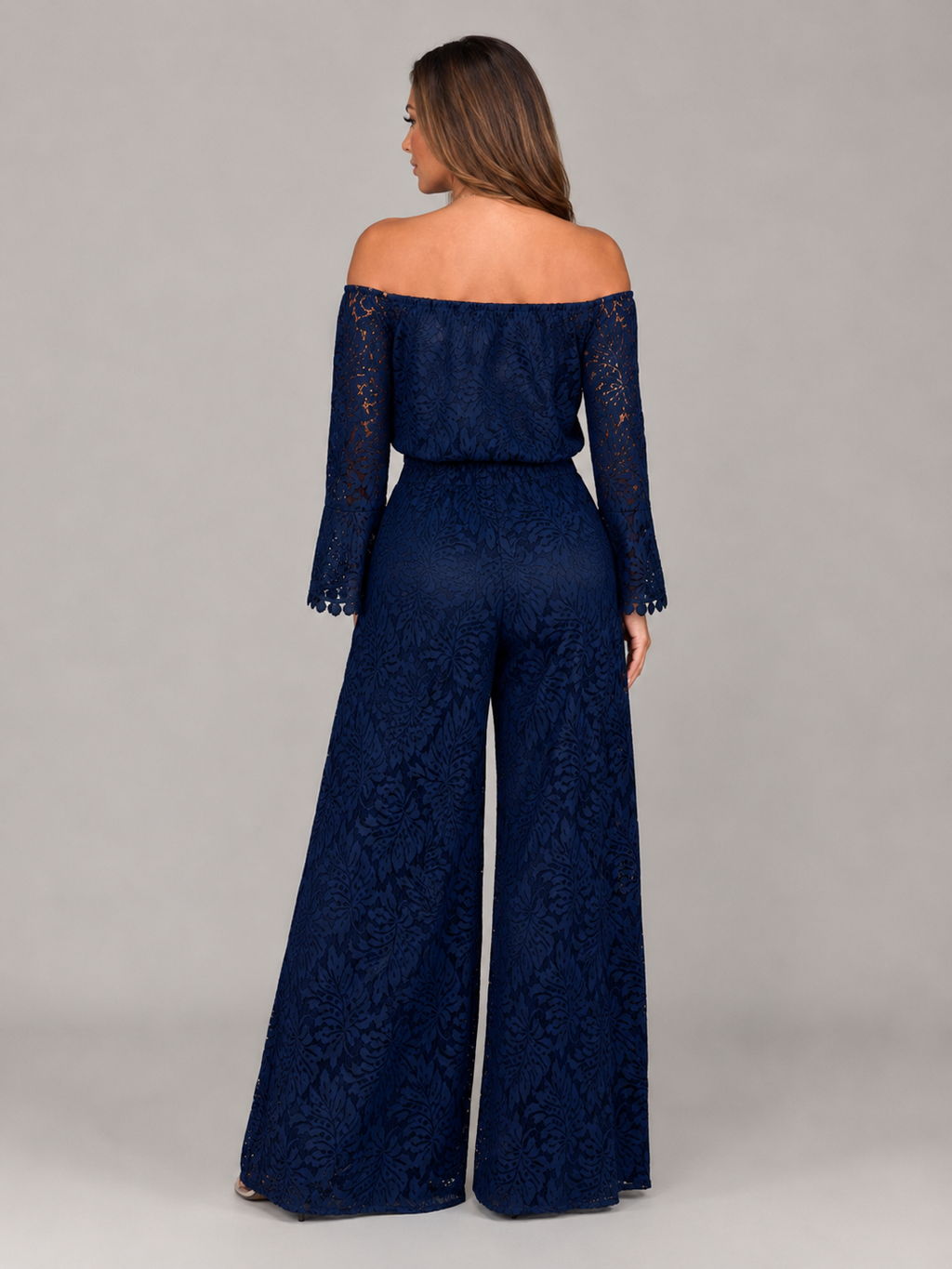 Malou - Off-shoulder Kanten Jumpsuit Met Wijde Pijpen En Lange Mouwen