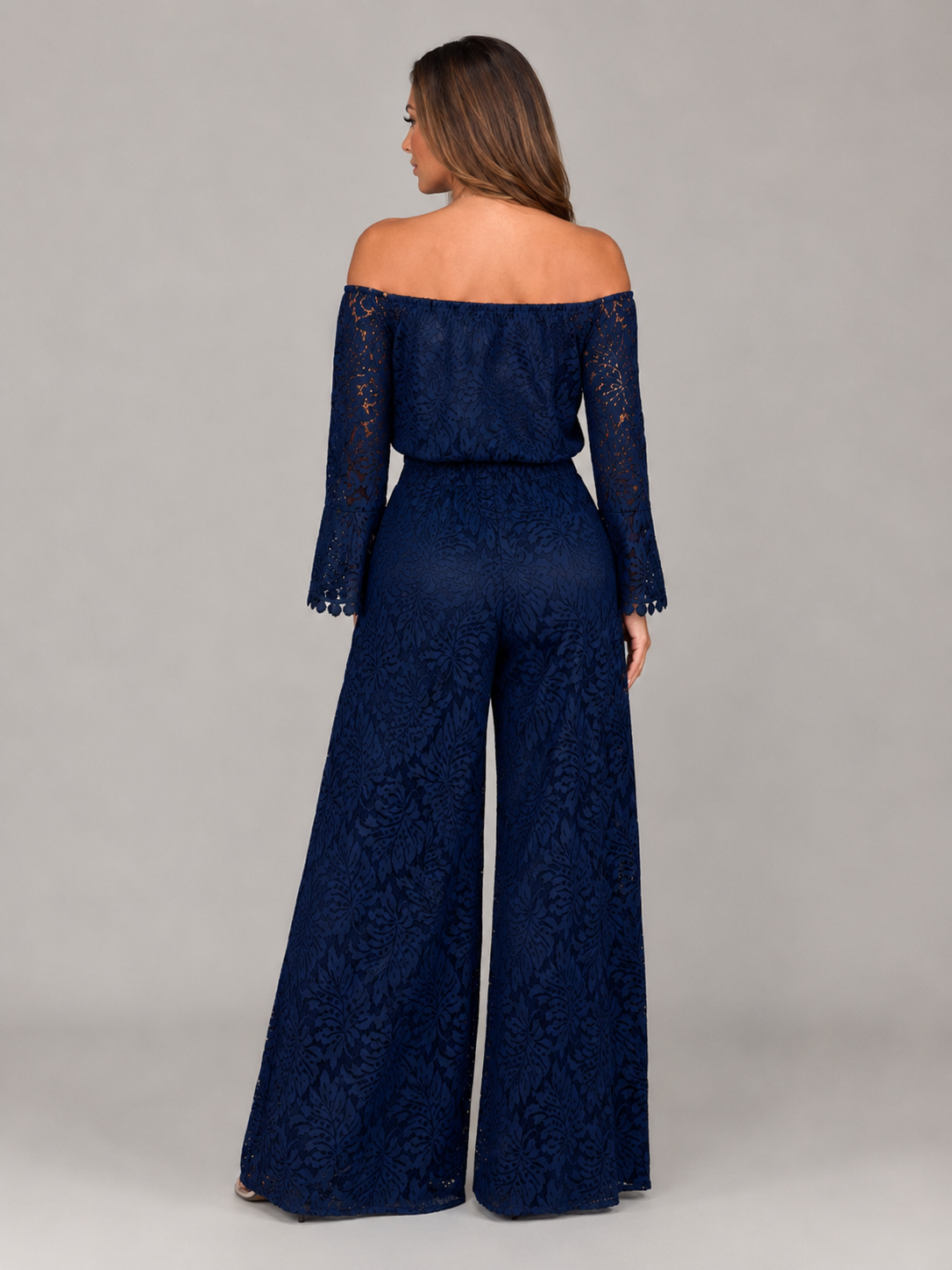 Malou - Off-shoulder Kanten Jumpsuit Met Wijde Pijpen En Lange Mouwen