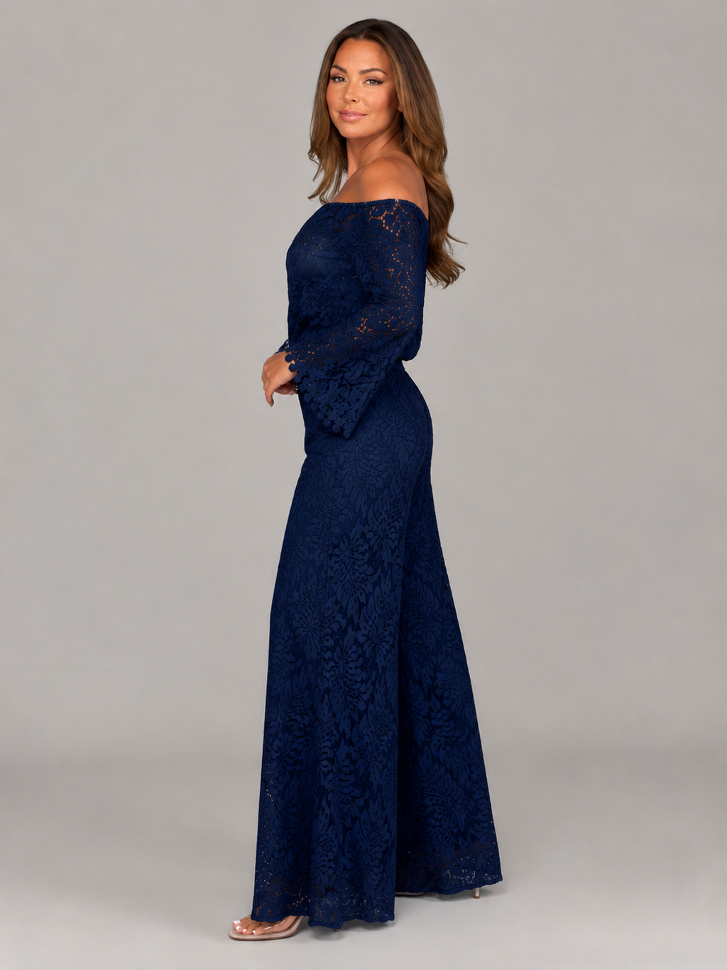 Malou - Off-shoulder Kanten Jumpsuit Met Wijde Pijpen En Lange Mouwen