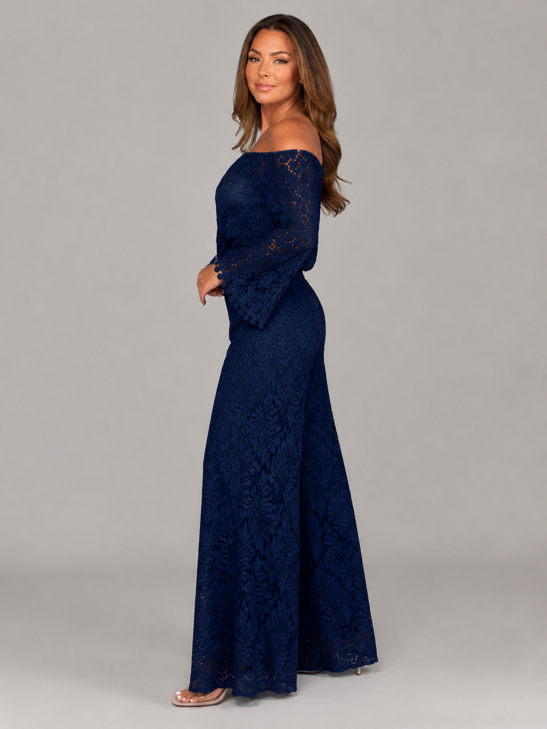 Malou - Off-shoulder Kanten Jumpsuit Met Wijde Pijpen En Lange Mouwen