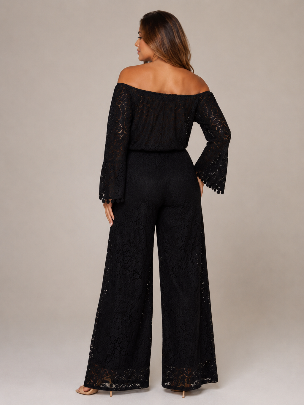 Malou - Off-shoulder Kanten Jumpsuit Met Wijde Pijpen En Lange Mouwen