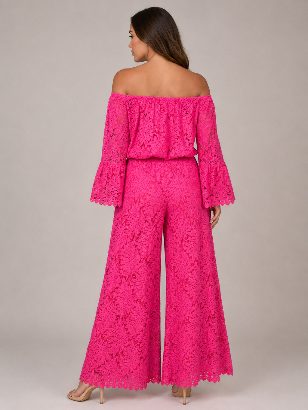 Malou - Off-shoulder Kanten Jumpsuit Met Wijde Pijpen En Lange Mouwen