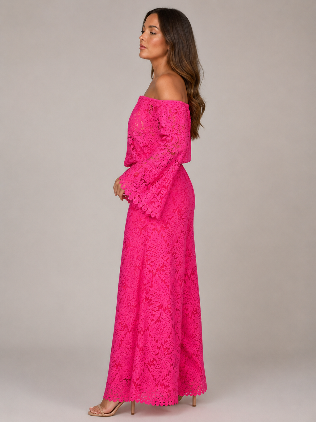 Malou - Off-shoulder Kanten Jumpsuit Met Wijde Pijpen En Lange Mouwen
