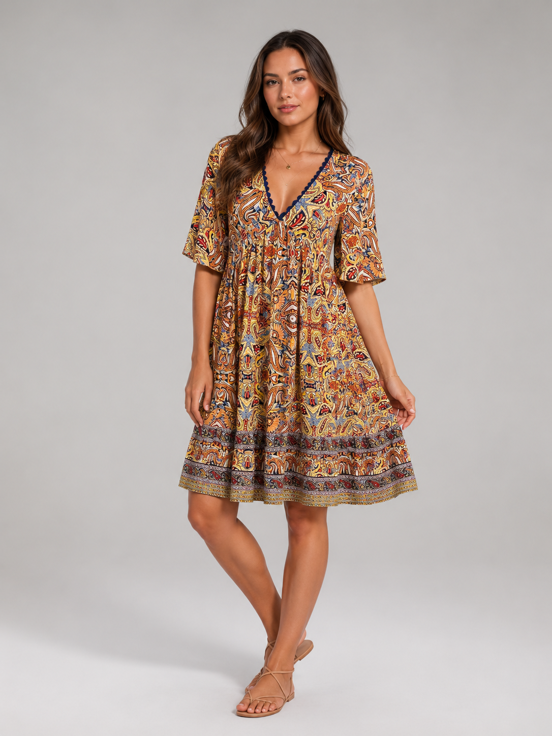 Mette - Boho Mini-jurk Met V-hals En All-over Print