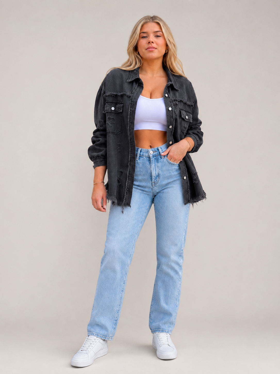 Quincy - Dames denim-look jack met gerafelde afwerking
