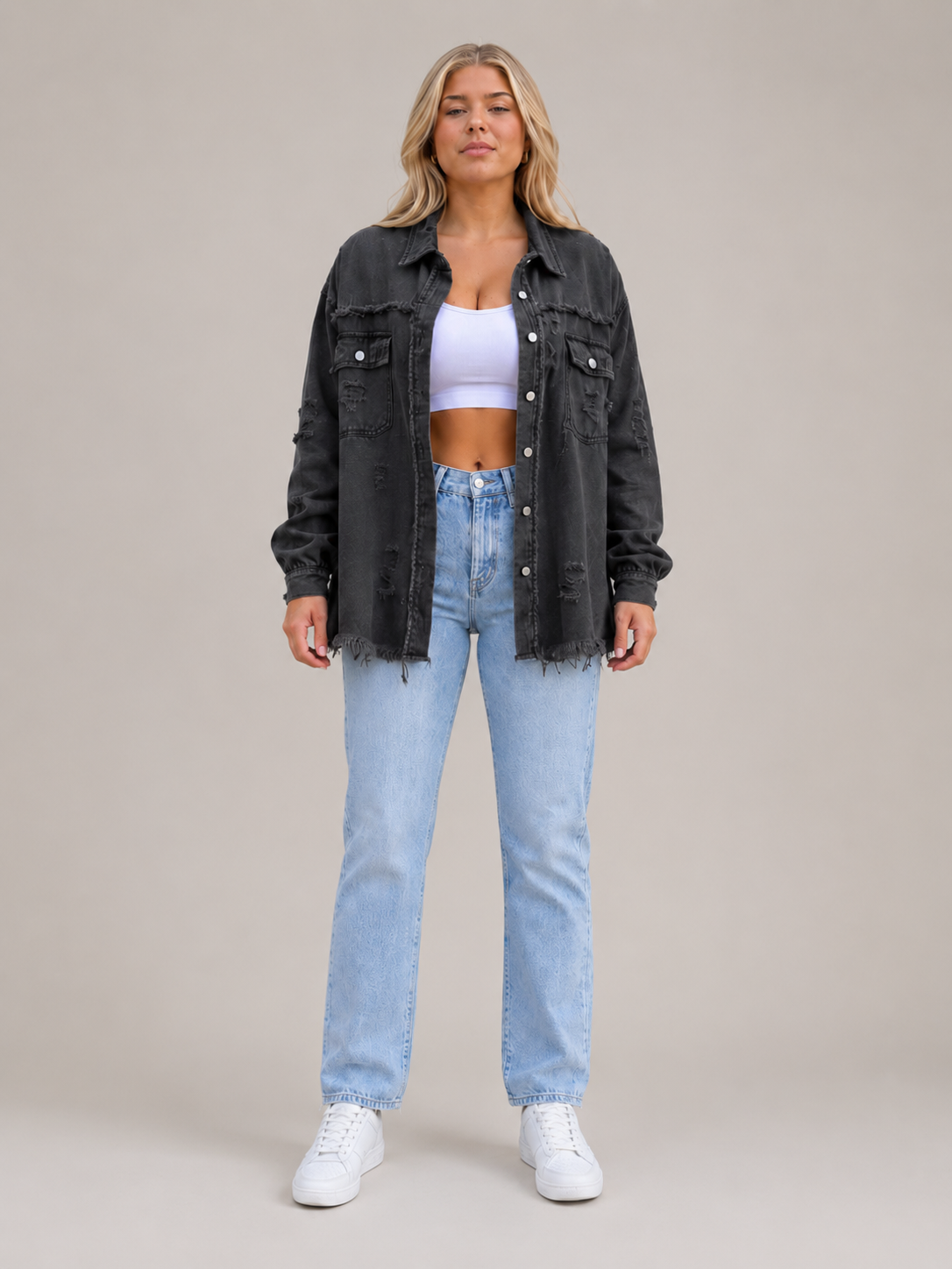 Quincy - Dames denim-look jack met gerafelde afwerking