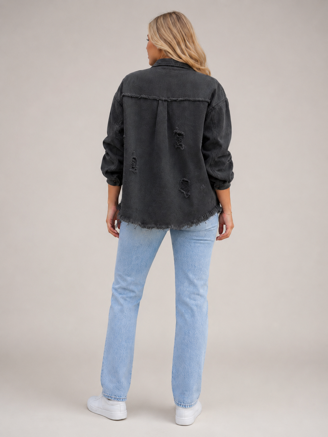 Quincy - Dames denim-look jack met gerafelde afwerking