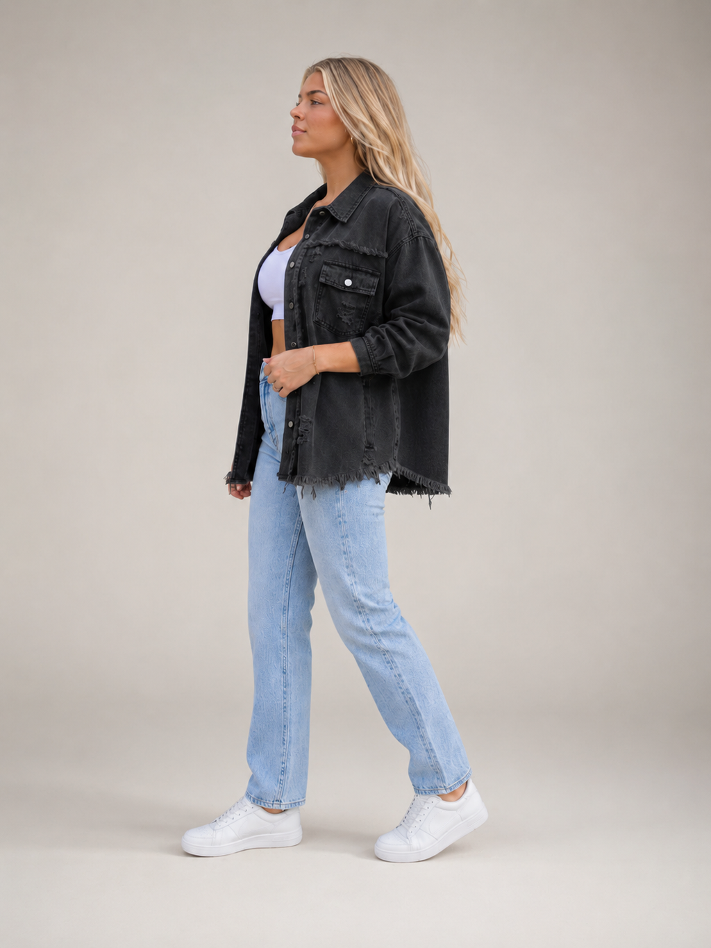 Quincy - Dames denim-look jack met gerafelde afwerking