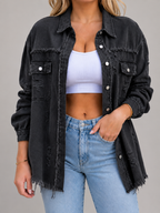 Quincy - Dames denim-look jack met gerafelde afwerking