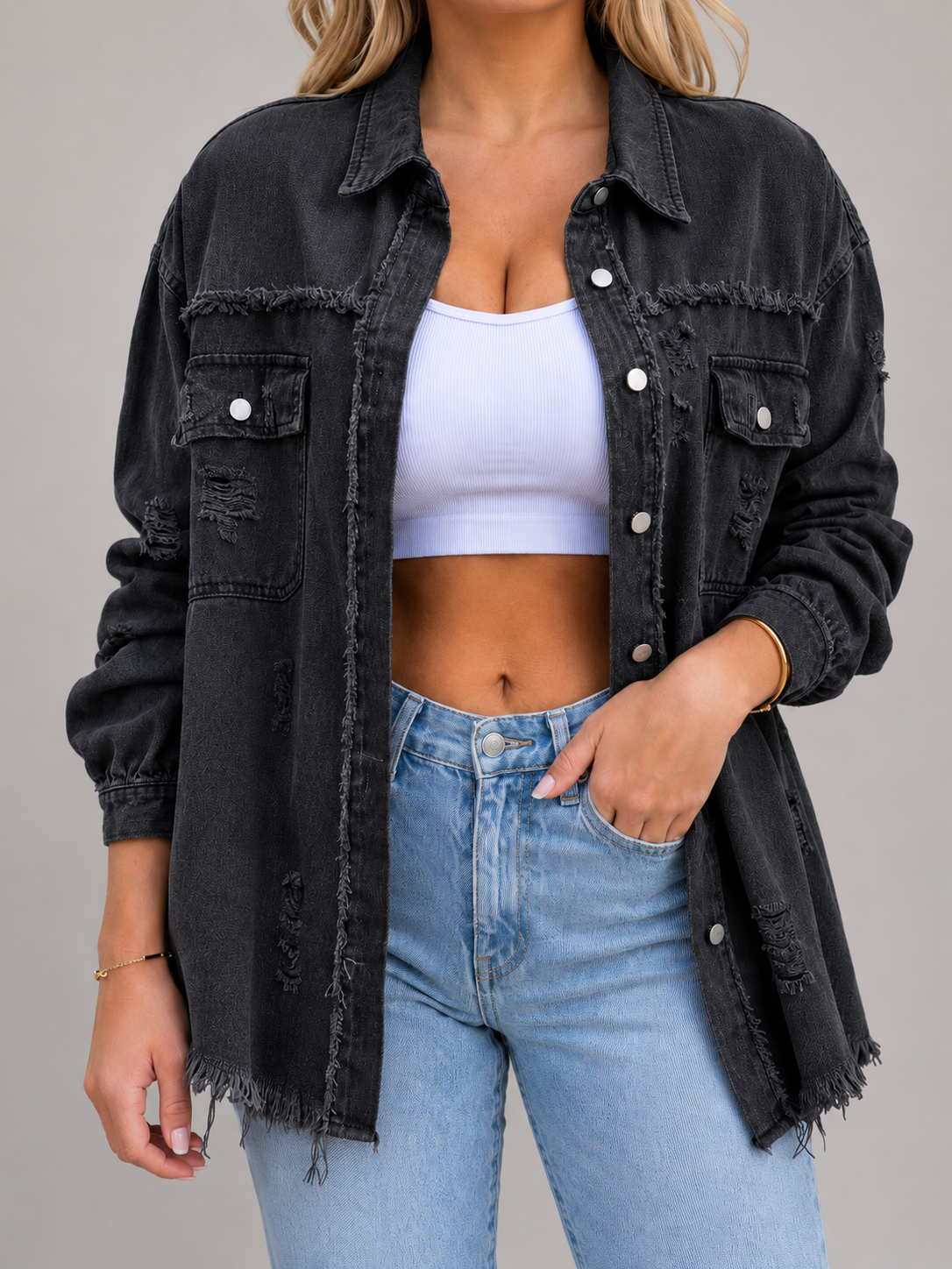 Quincy - Dames denim-look jack met gerafelde afwerking