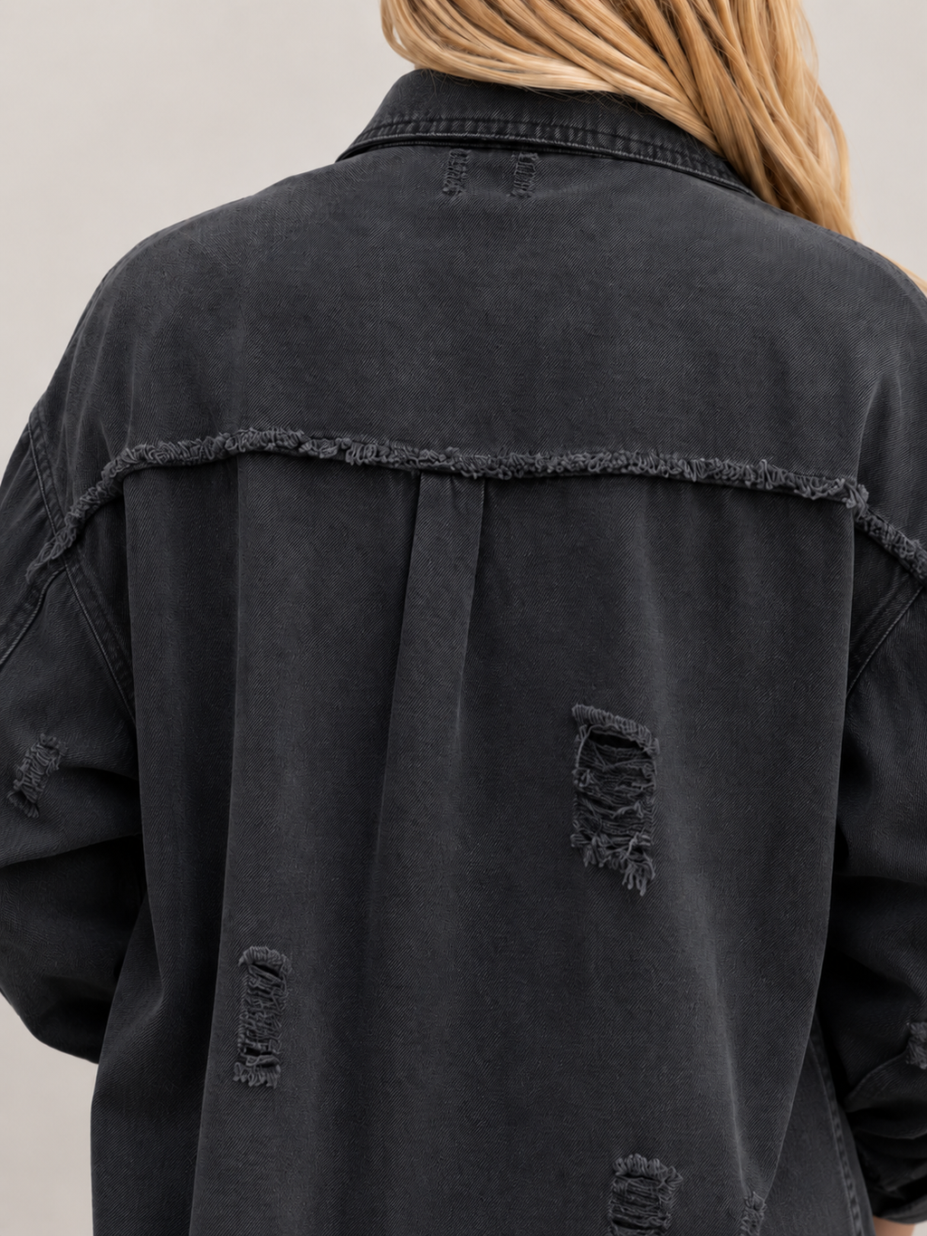 Quincy - Dames denim-look jack met gerafelde afwerking