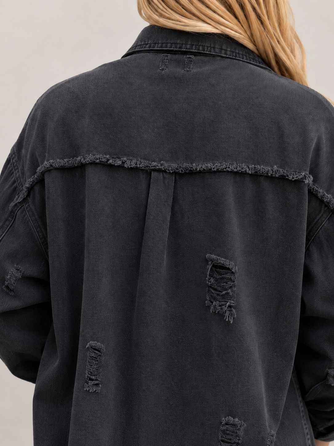 Quincy - Dames denim-look jack met gerafelde afwerking