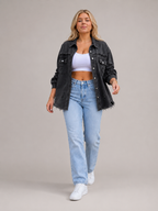 Quincy - Dames denim-look jack met gerafelde afwerking