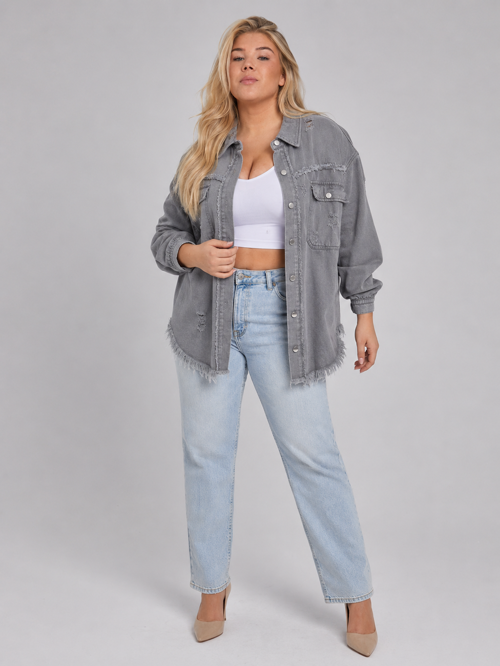 Quincy - Dames denim-look jack met gerafelde afwerking