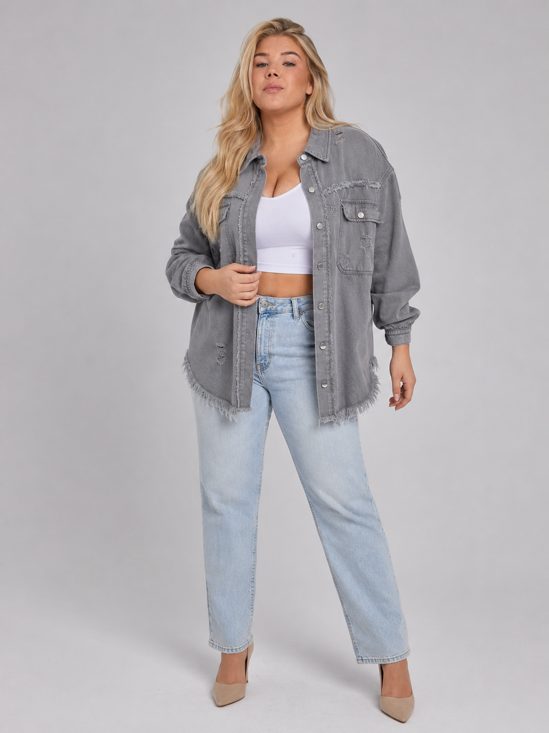 Quincy - Dames denim-look jack met gerafelde afwerking