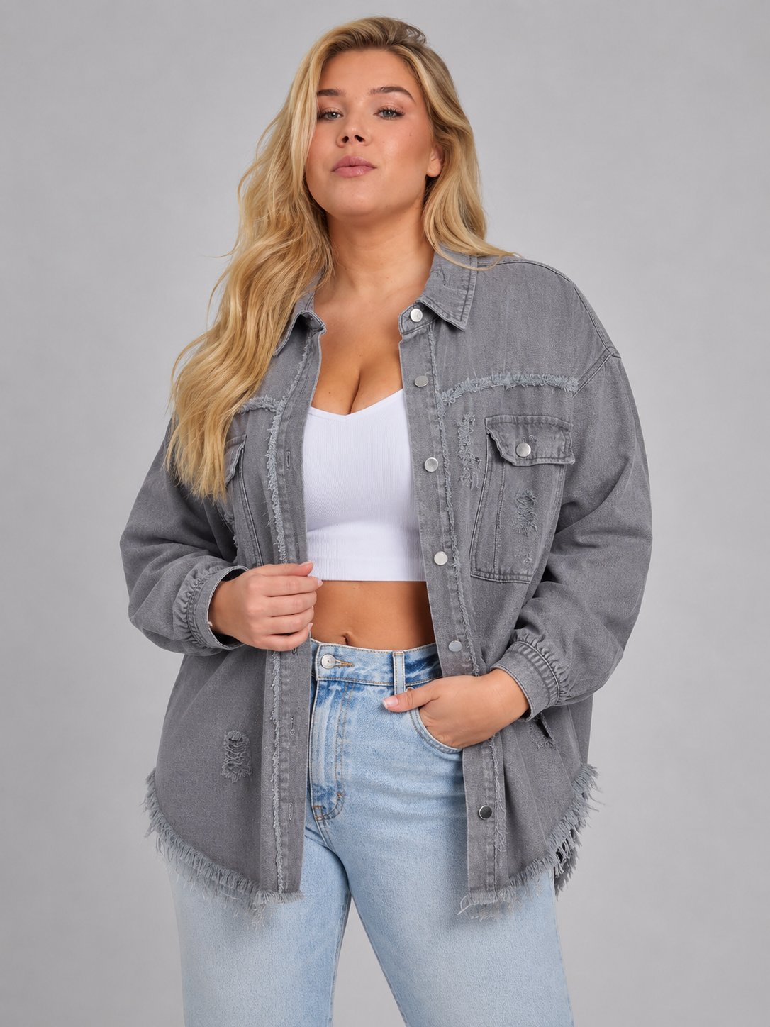 Quincy - Dames denim-look jack met gerafelde afwerking