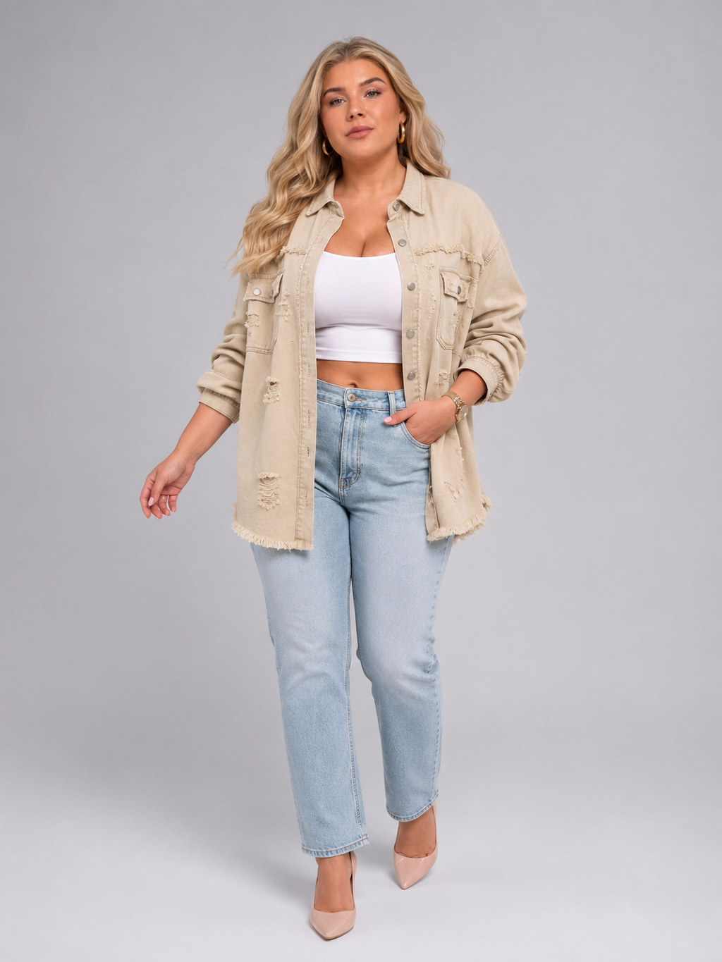Quincy - Dames denim-look jack met gerafelde afwerking