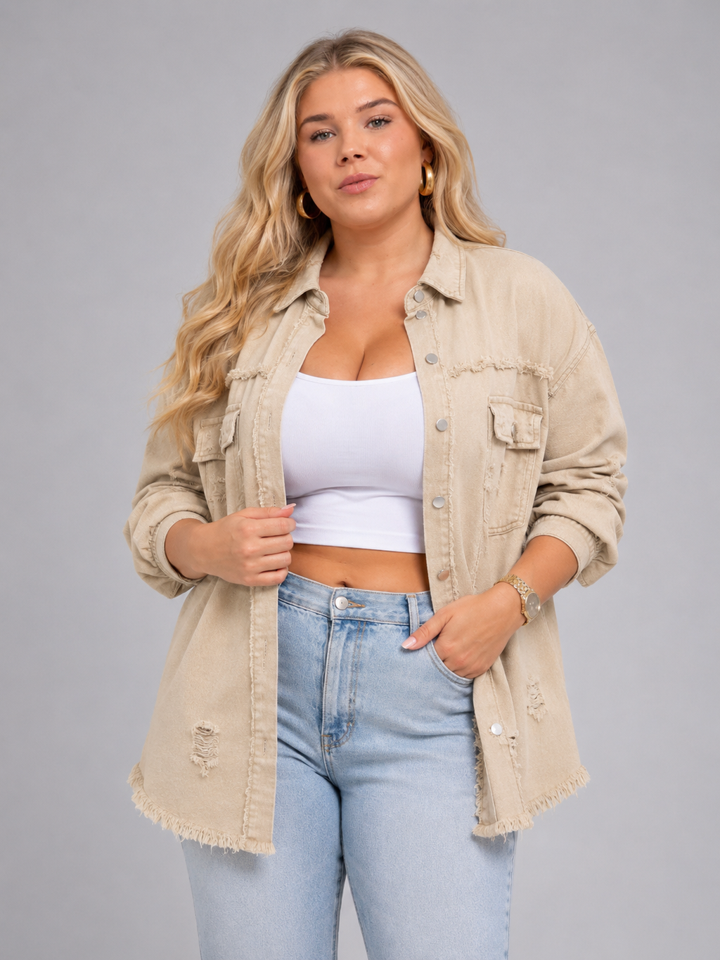 Quincy - Dames denim-look jack met gerafelde afwerking