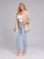 Quincy - Dames denim-look jack met gerafelde afwerking