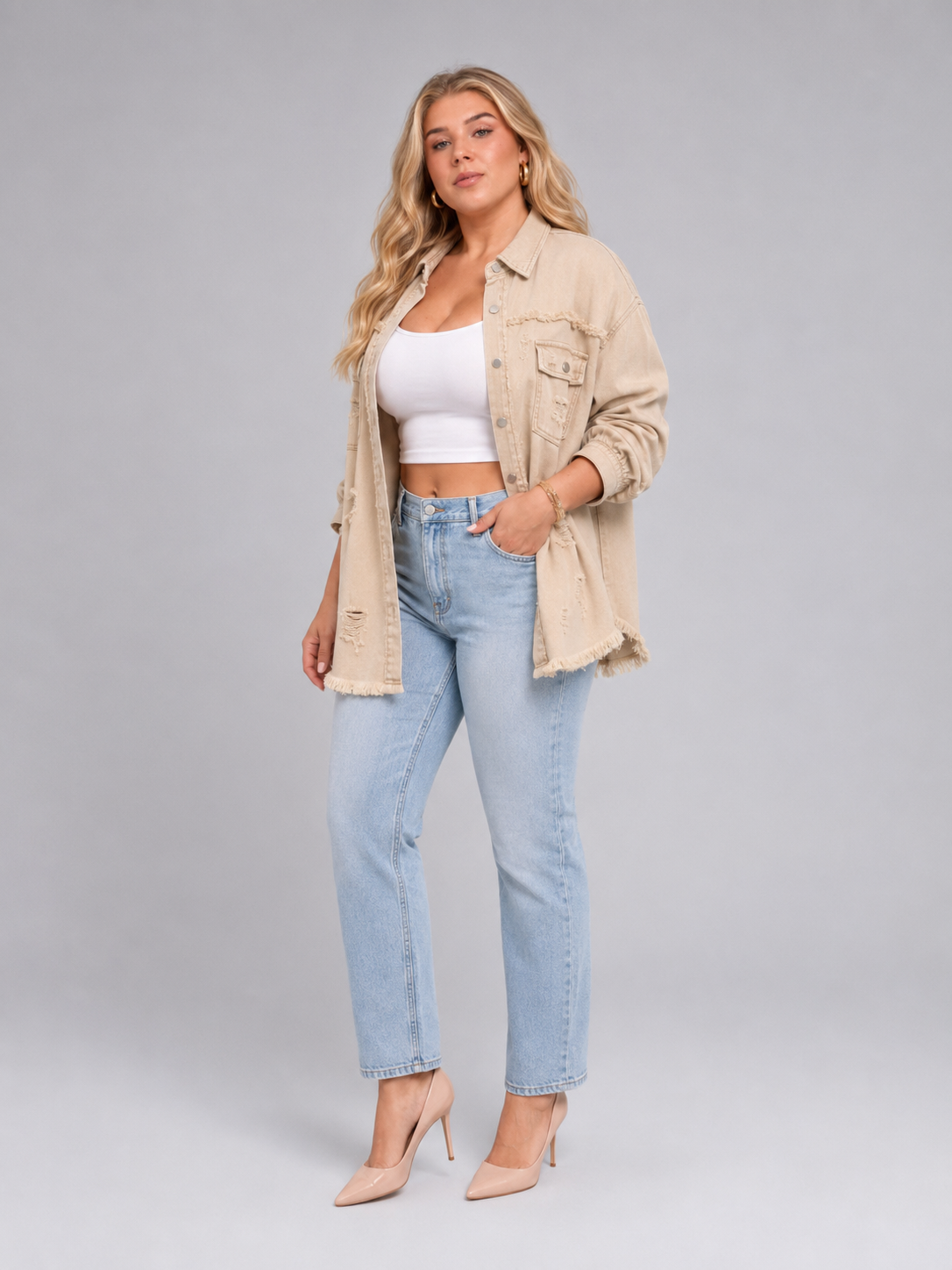 Quincy - Dames denim-look jack met gerafelde afwerking
