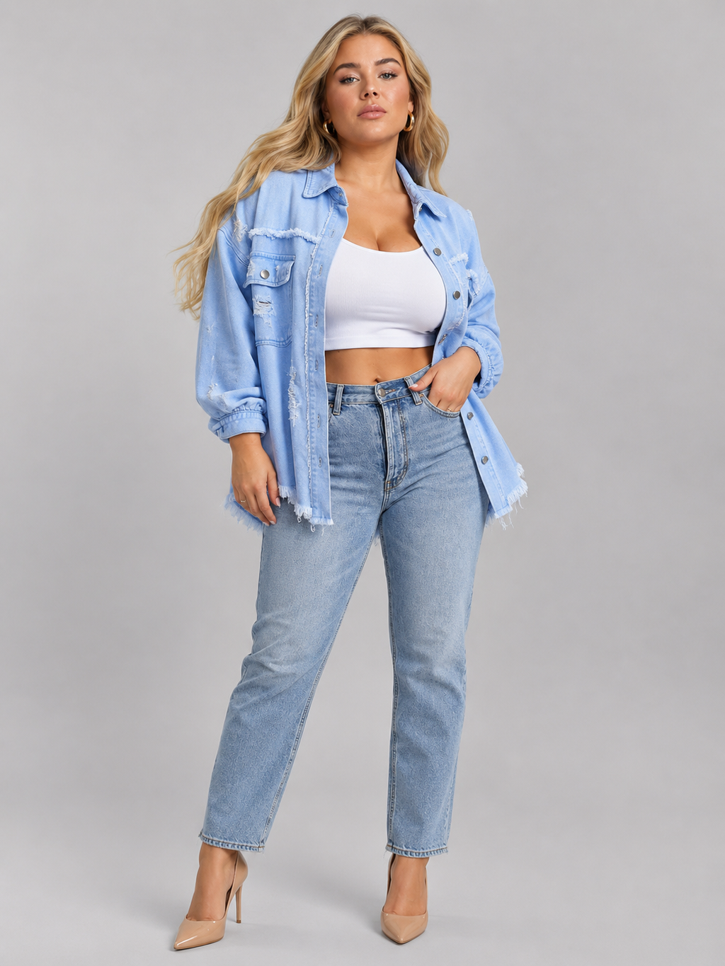 Quincy - Dames denim-look jack met gerafelde afwerking