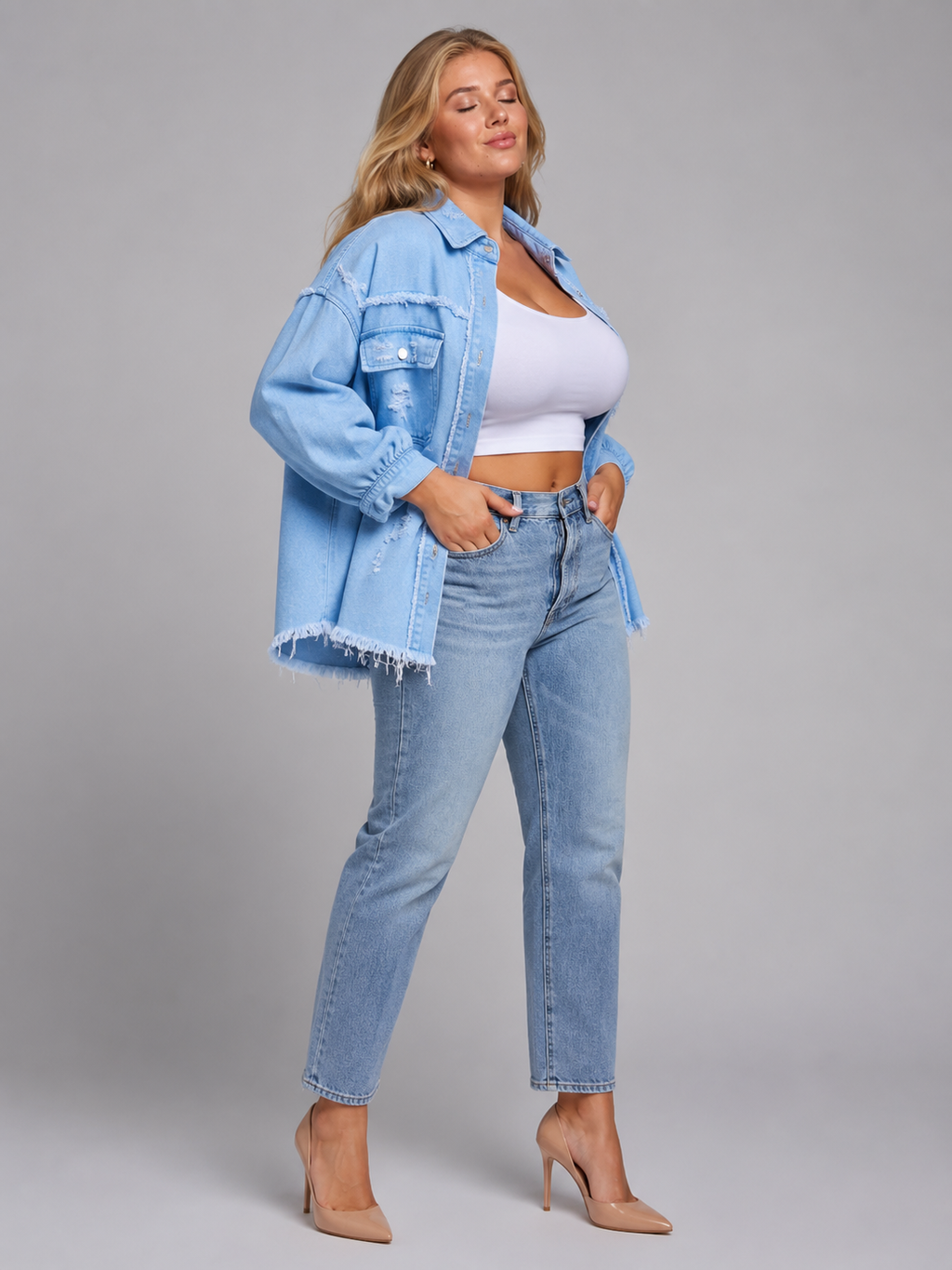 Quincy - Dames denim-look jack met gerafelde afwerking