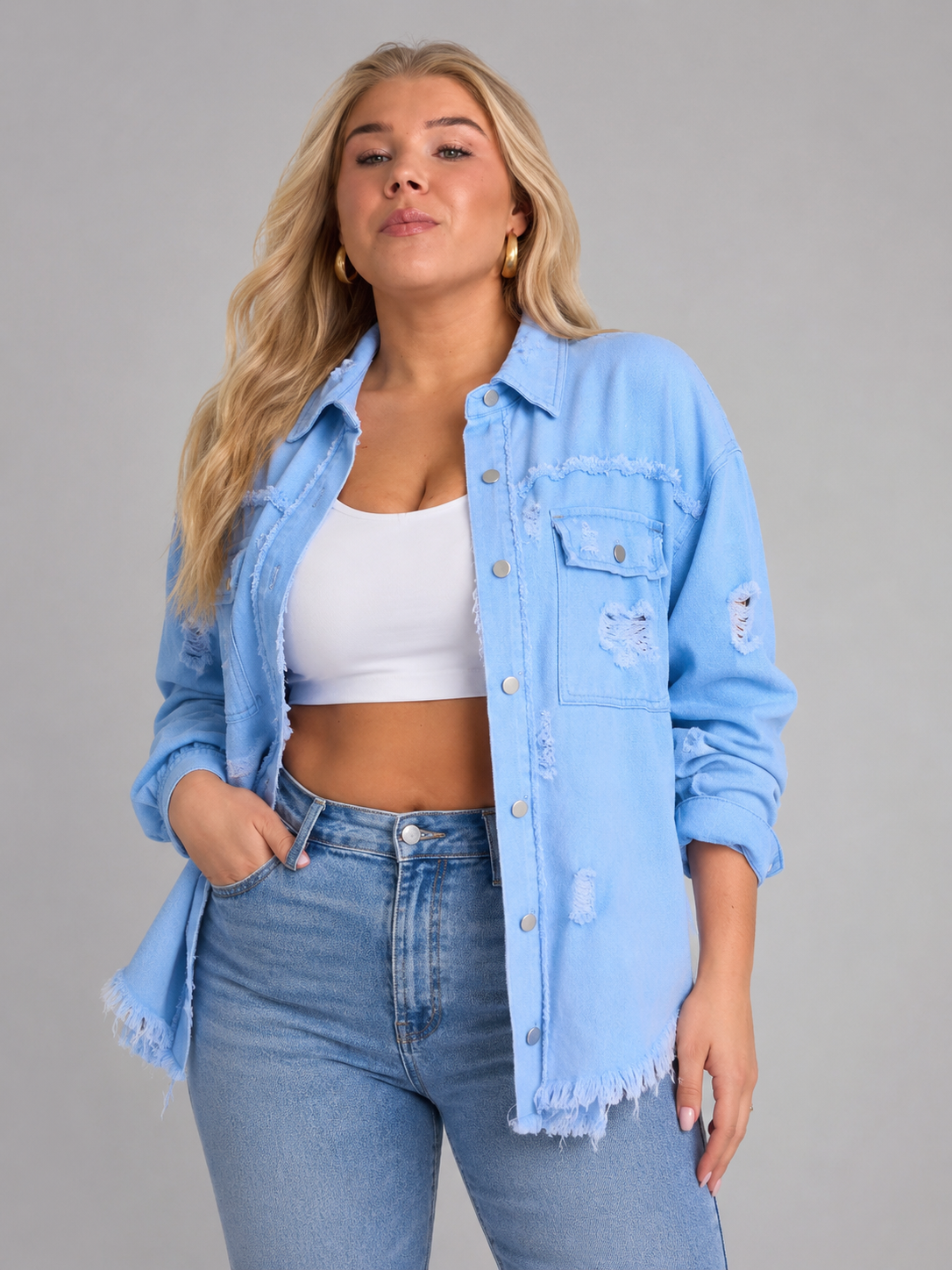 Quincy - Dames denim-look jack met gerafelde afwerking