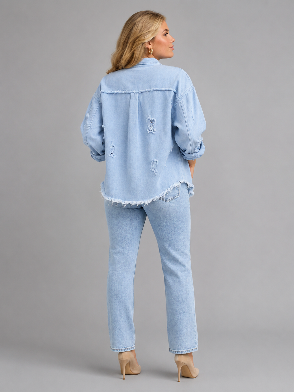 Quincy - Dames denim-look jack met gerafelde afwerking