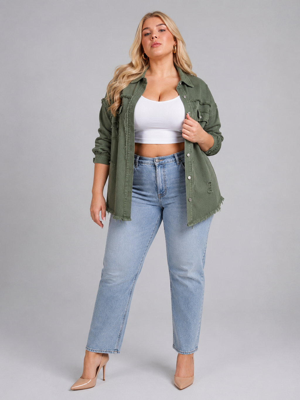 Quincy - Dames denim-look jack met gerafelde afwerking