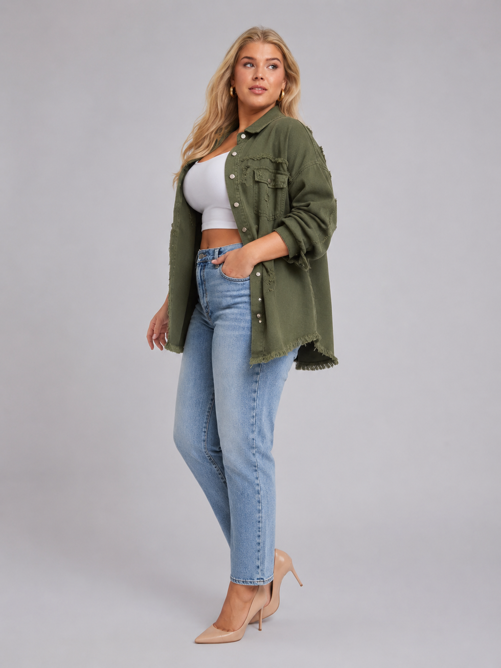 Quincy - Dames denim-look jack met gerafelde afwerking