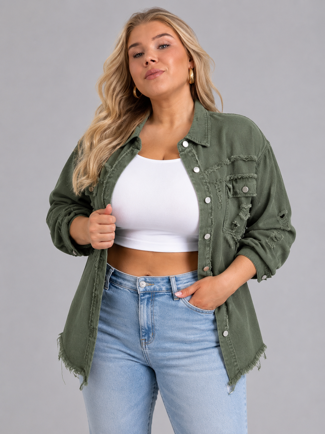 Quincy - Dames denim-look jack met gerafelde afwerking