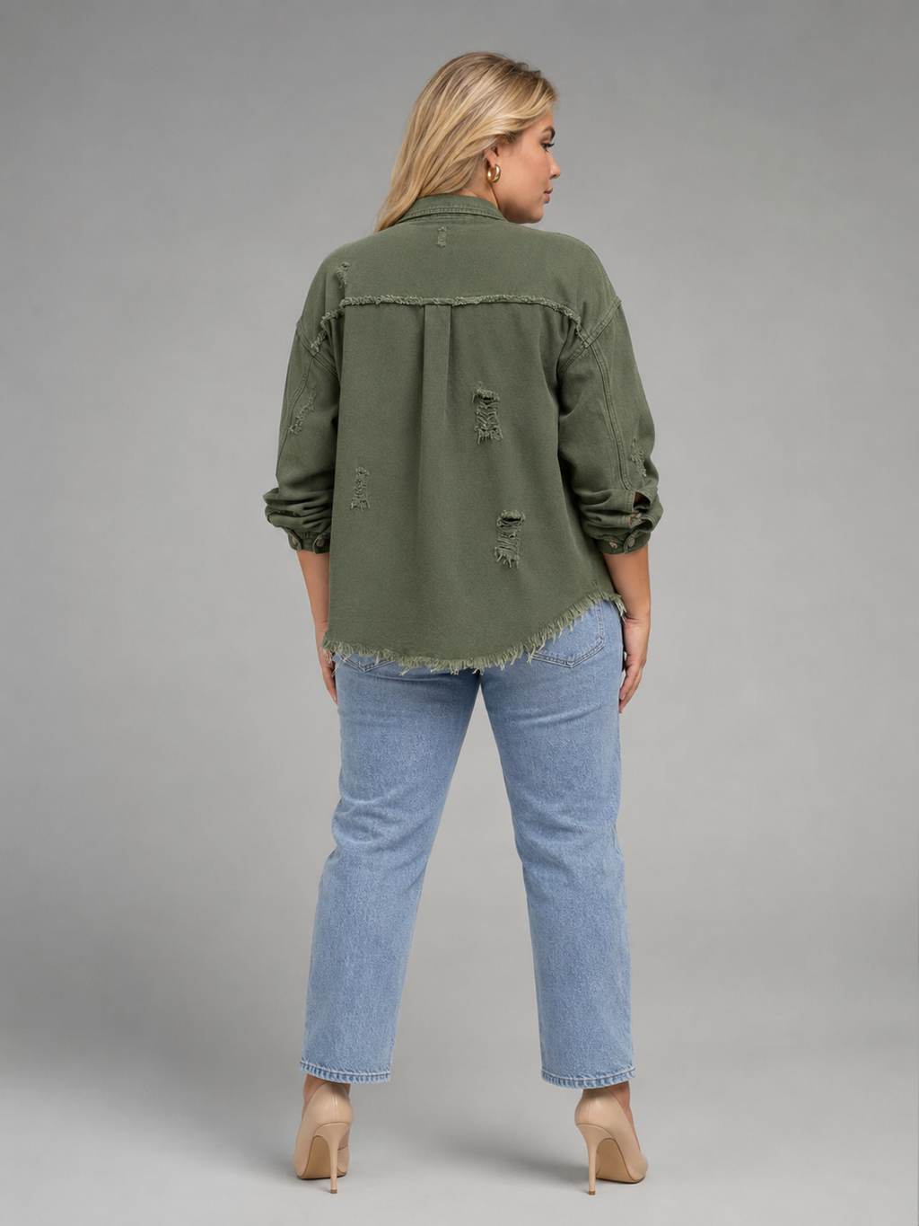 Quincy - Dames denim-look jack met gerafelde afwerking