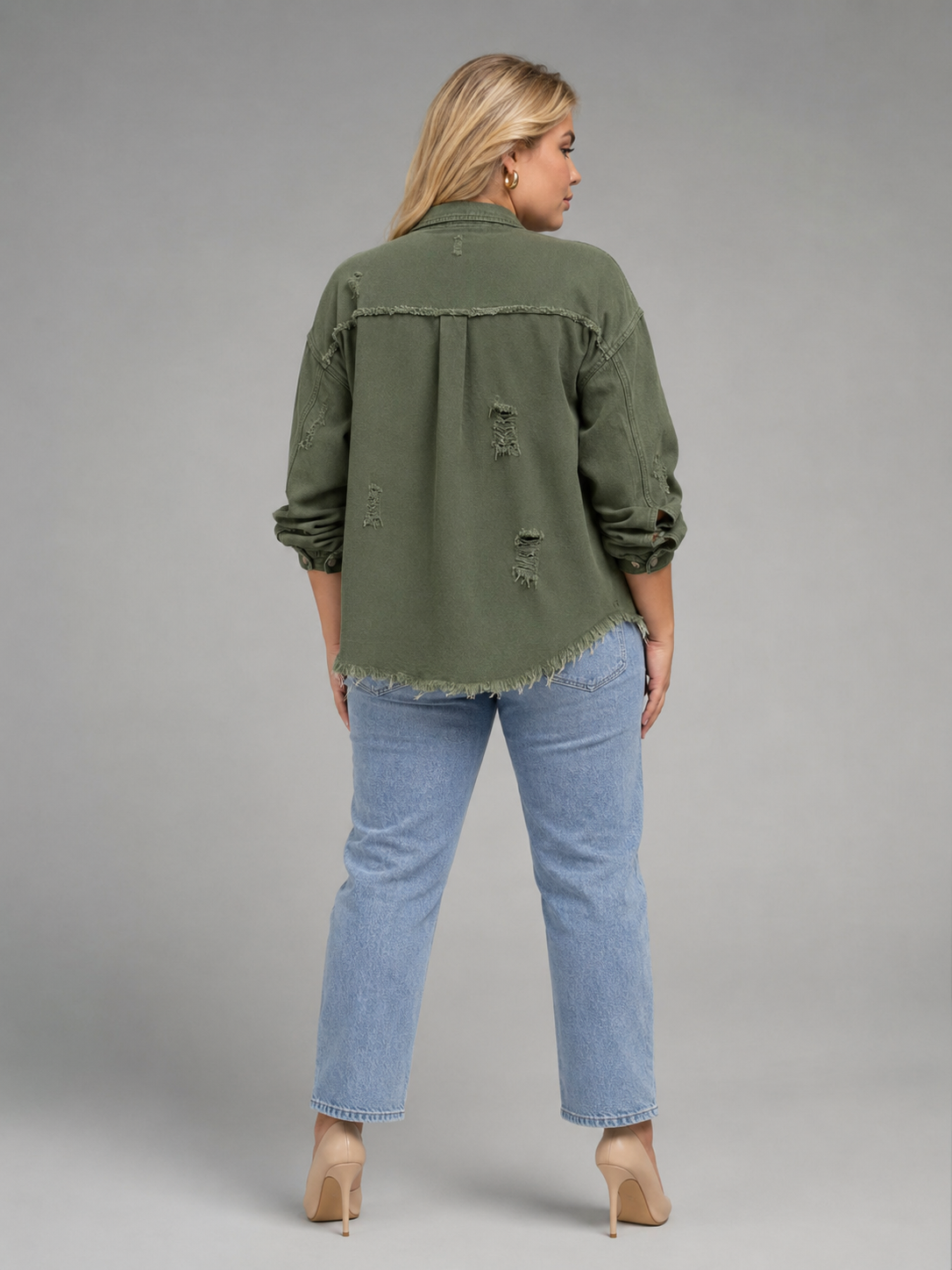 Quincy - Dames denim-look jack met gerafelde afwerking