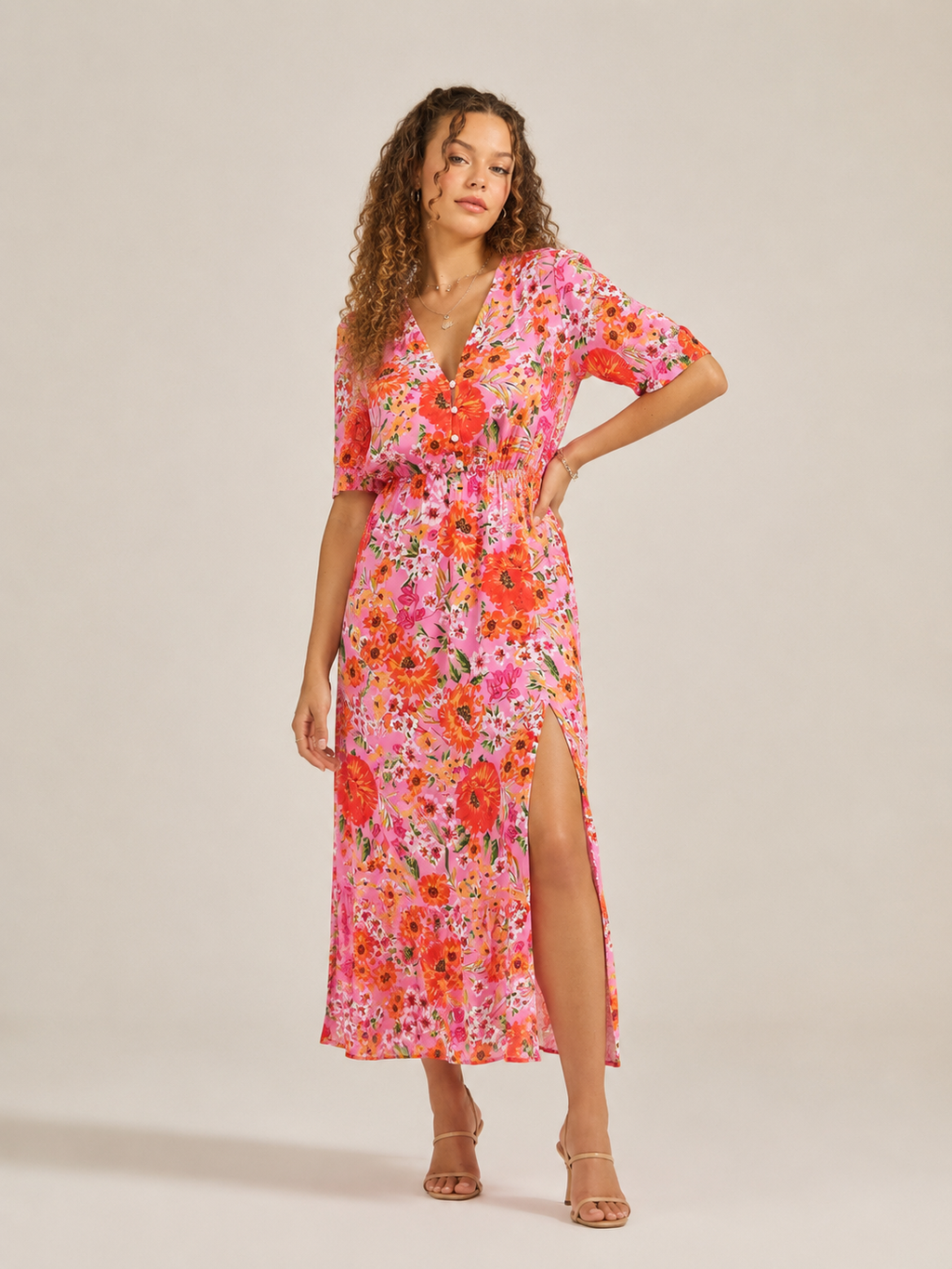 Manouk - Maxi-jurk met Bloemenprint en Knoopsluiting